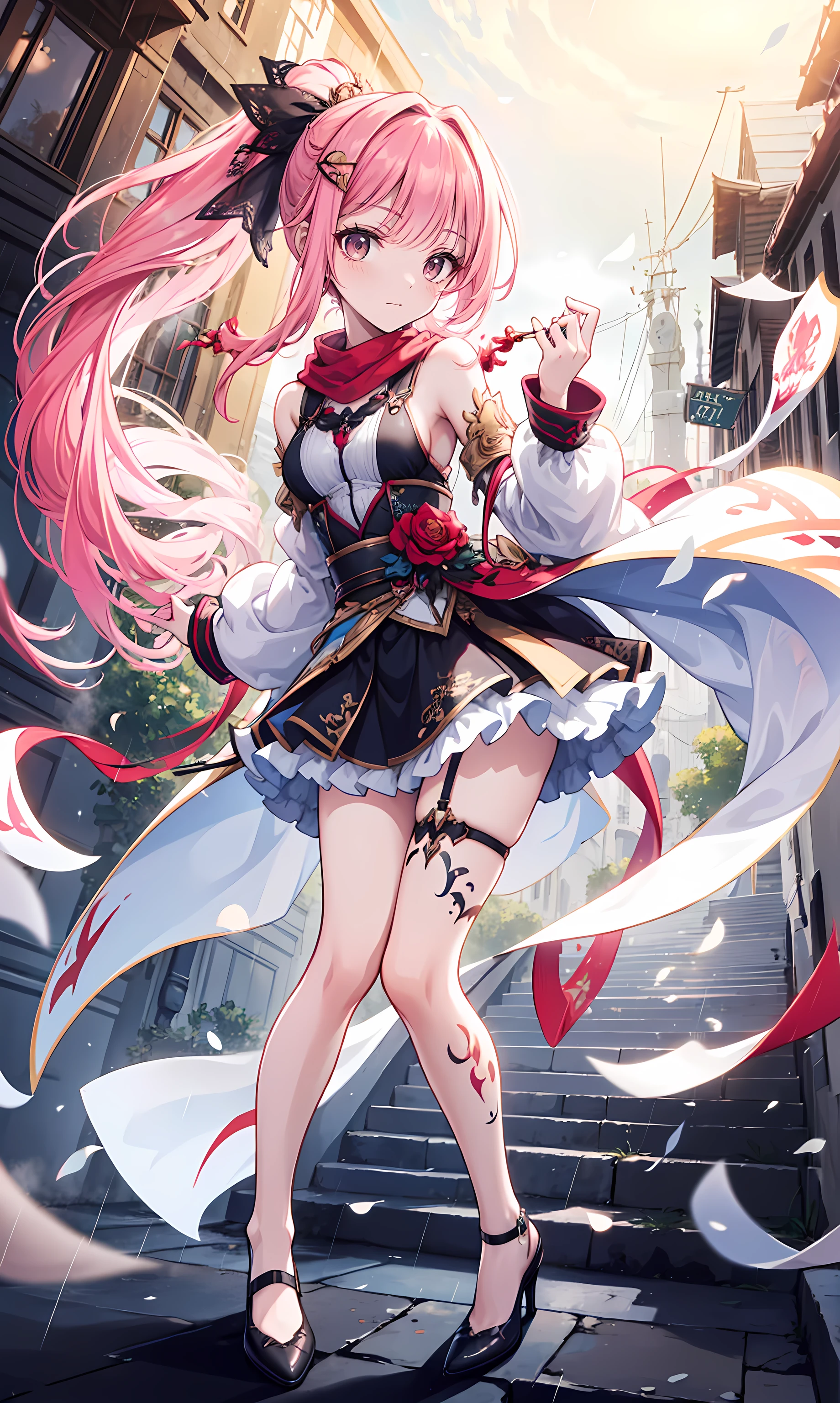 1 girl, bright skin:1.2+, pink hair++++, twintails++, red eyes+++, plump lips++ thick lips, realistic hands, 2 legs, 2 arms, making love and peace sign with hand, angel wings+++, heart symbols++++, bow symbol+, red sky, black clouds+, magical wand+, pink wand+, love wand+, white robe++, jewelry+ short skirt, gold strap+, detailed clothes+, halo++, eyelashes+, evil smirk+++, thick thighs++, pink heels++, detailed shoes+, extremely detailed artgerm, detailed eyes, 4 k digital art, smooth art, flying in the air, sexy pose, selfie++, facing forward, front view++, smilling, sexy, perfect hands, realistic hands, ray tracing