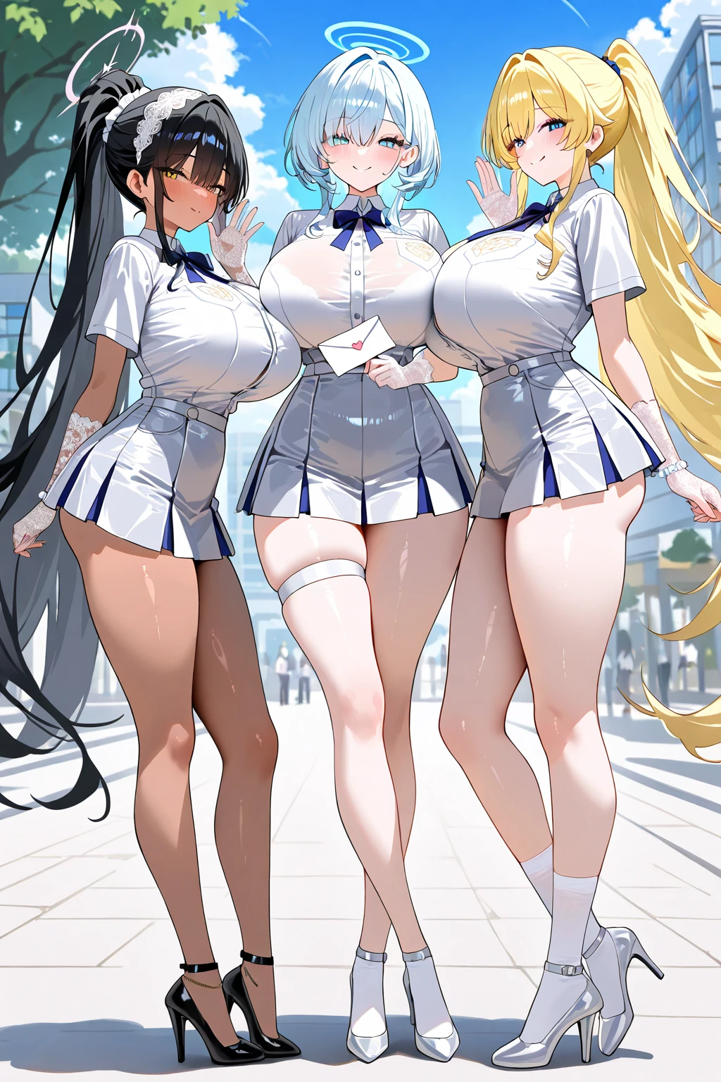 multiple girls, 3girls, standing, giantess art, highly detailed giantess shot, giantess, most detailed, perfect face, two legs, five fingers, short hair, beautiful girl bigger than a skyscraper, wearing rimless glasses, smiling, huge breasts, underwear, black pantyhose, stiletto heels, under heavy attack, seaside metropolis, ocean, numerous miniature warships on the sea, very small metropolis, miniature metropolis, full body depiction, GTS, giga giant, trampling city, crush city, tiny city, micro city, high resolution, best quality, masterpiece,