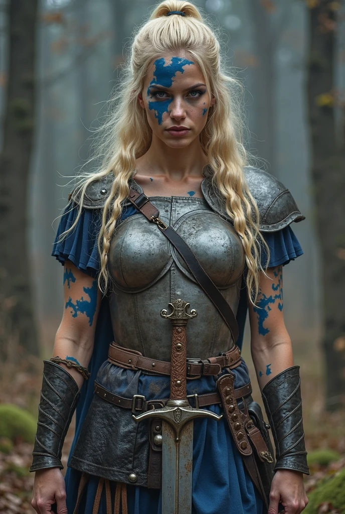 Create an image of a stunningly gorgeous beautiful sexy shieldmaiden, stunningly gorgeous beautiful perfect sexy face, large breast, slim waist, sexy hips, traditional dutch hair, fantasy viking clothes, war makeup, war face paint,