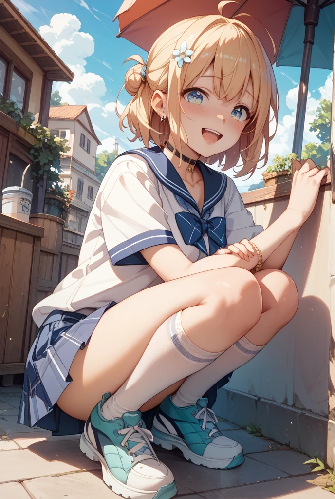 very cute and beautiful girl,(Very detailed美しい顔), (smile),blush,Black Hair,Seraphim,((Blonde、Short Hair)),(White Shirt、Pleated navy blue pread your legs、Squat)、Sitting、(From below)、(Lace panties), Country road, (Highest quality,masterpiece:1.0),Absurd,High resolution,Super detailed,Very detailed,32K,8k resolution, Intricate details,Movie Scenes,Detailed Background,alone,Dynamic Angle,