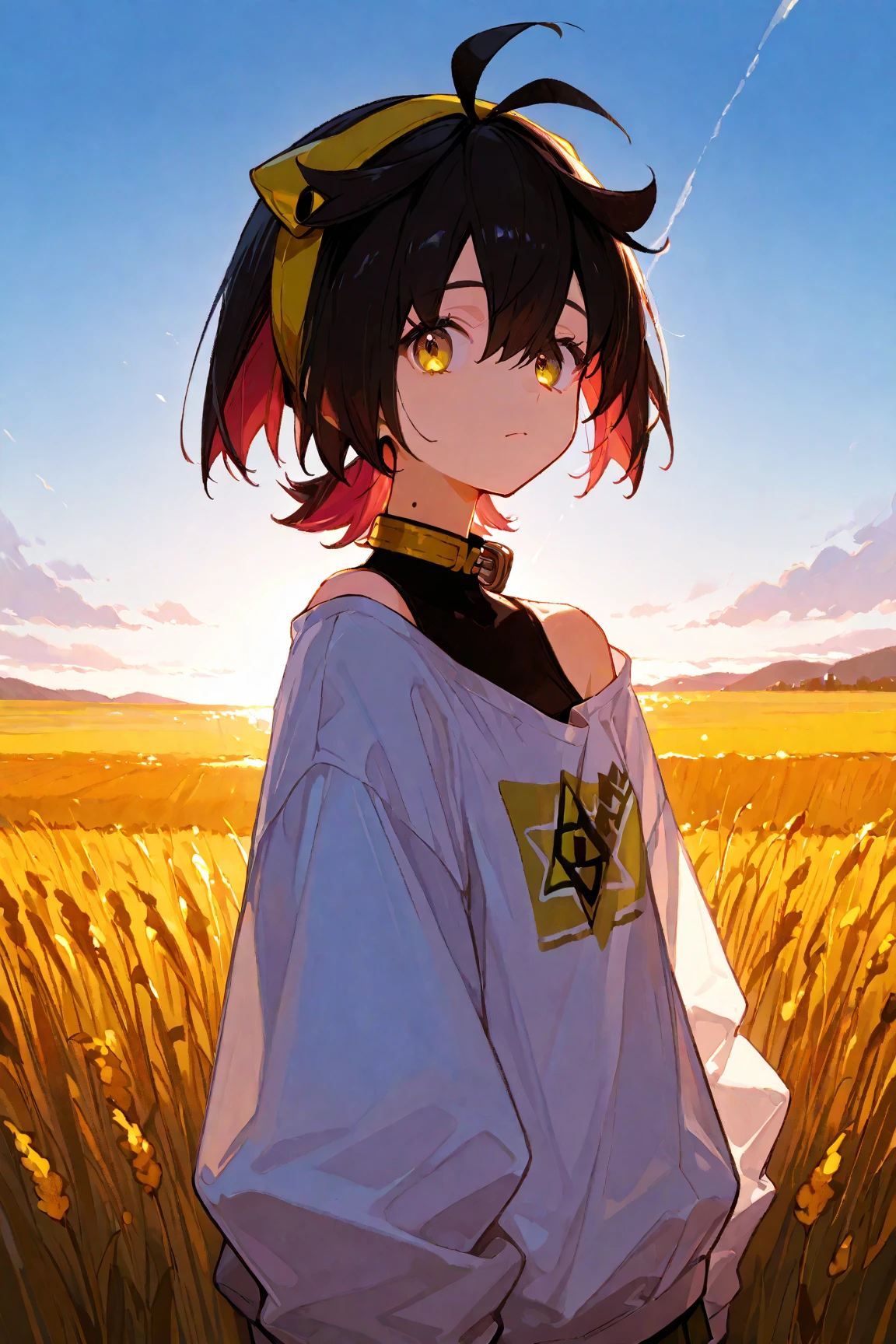 score_9, score_8_up, score_7_up, score_6_up, score_5_up,score_4_up
masterpice, 最High Quality, very well detailed,最High Quality,High Quality,very aesthetic,high resolution,super detailed correction,absert dress,newest,scenery,depth of field,scenery,volume light
Kieran, yellow eyes, multicolored hair to match her eyes, black hair, yellow headband, solo, hair between eyes, closed mouth, collar shirt, viewers stream out of their glans, stupid hair, short hair, long sleeve, 1 personの男の子, upper body, jacket, mole, two-tone hair, headband, antenna hair, Bangs,  For men　
、

masterpiece, 最High Quality, high resolution, ION 1, 1 person, long hair, 少し大きめのchest, yellow wasp, Off the Shoulder, hair ornament, sexy　jump　Hexagon print　、shame、Takashiage、skirt、underwear、
chest、
countryside、 countryside道 