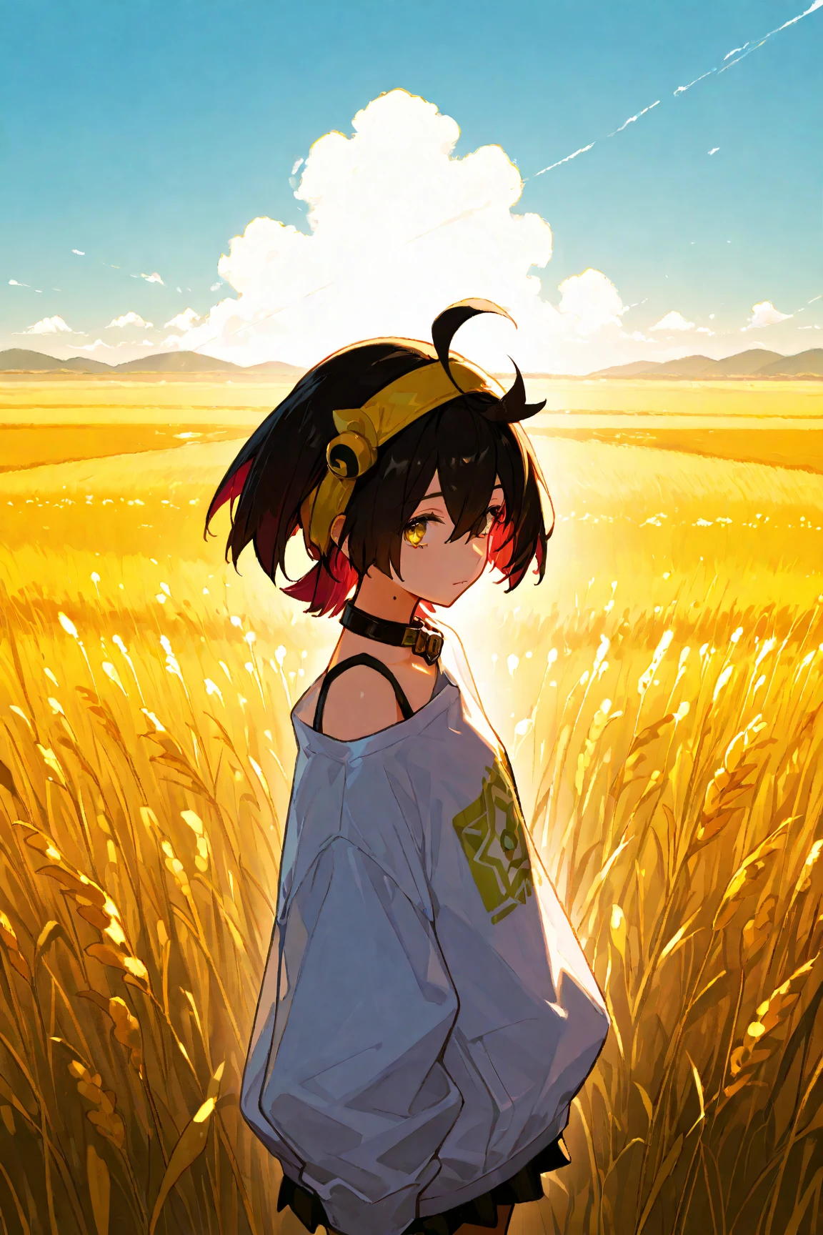 score_9, score_8_up, score_7_up, score_6_up, score_5_up,score_4_up
masterpice, 最High Quality, very well detailed,最High Quality,High Quality,very aesthetic,high resolution,super detailed correction,absert dress,newest,scenery,depth of field,scenery,volume light
Kieran, yellow eyes, multicolored hair to match her eyes, black hair, yellow headband, solo, hair between eyes, closed mouth, collar shirt, viewers stream out of their glans, stupid hair, short hair, long sleeve, 1 personの男の子, upper body, jacket, mole, two-tone hair, headband, antenna hair, Bangs,  For men　
、

masterpiece, 最High Quality, high resolution, ION 1, 1 person, long hair, 少し大きめのchest, yellow wasp, Off the Shoulder, hair ornament, sexy　jump　Hexagon print　、shame、Takashiage、skirt、underwear、
chest、
countryside、 countryside道 