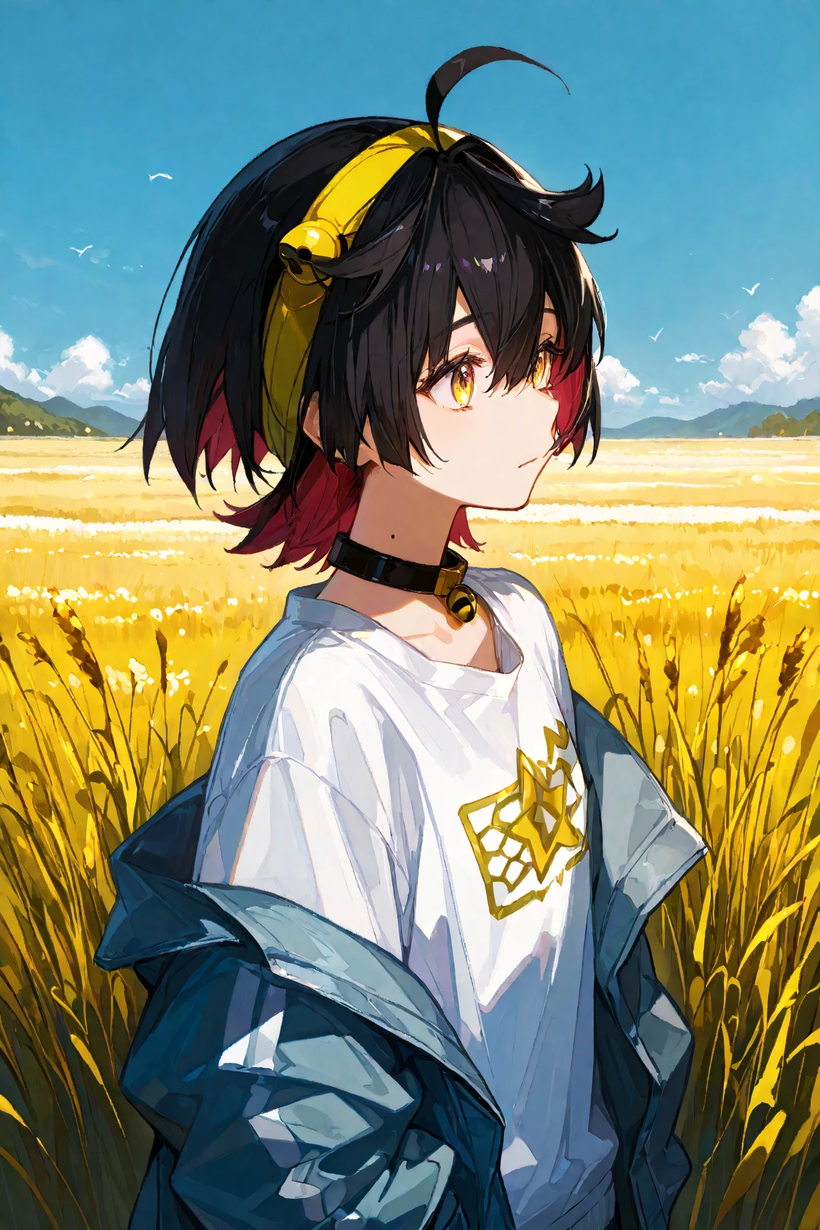 score_9, score_8_up, score_7_up, score_6_up, score_5_up,score_4_up
masterpice, 最High Quality, very well detailed,最High Quality,High Quality,very aesthetic,high resolution,super detailed correction,absert dress,newest,scenery,depth of field,scenery,volume light
Kieran, yellow eyes, multicolored hair to match her eyes, black hair, yellow headband, solo, hair between eyes, closed mouth, collar shirt, viewers stream out of their glans, stupid hair, short hair, long sleeve, 1 personの男の子, upper body, jacket, mole, two-tone hair, headband, antenna hair, Bangs,  For men　
、

masterpiece, 最High Quality, high resolution, ION 1, 1 person, long hair, 少し大きめのchest, yellow wasp, Off the Shoulder, hair ornament, sexy　jump　Hexagon print　、shame、Takashiage、skirt、underwear、
chest、
countryside、 countryside道 