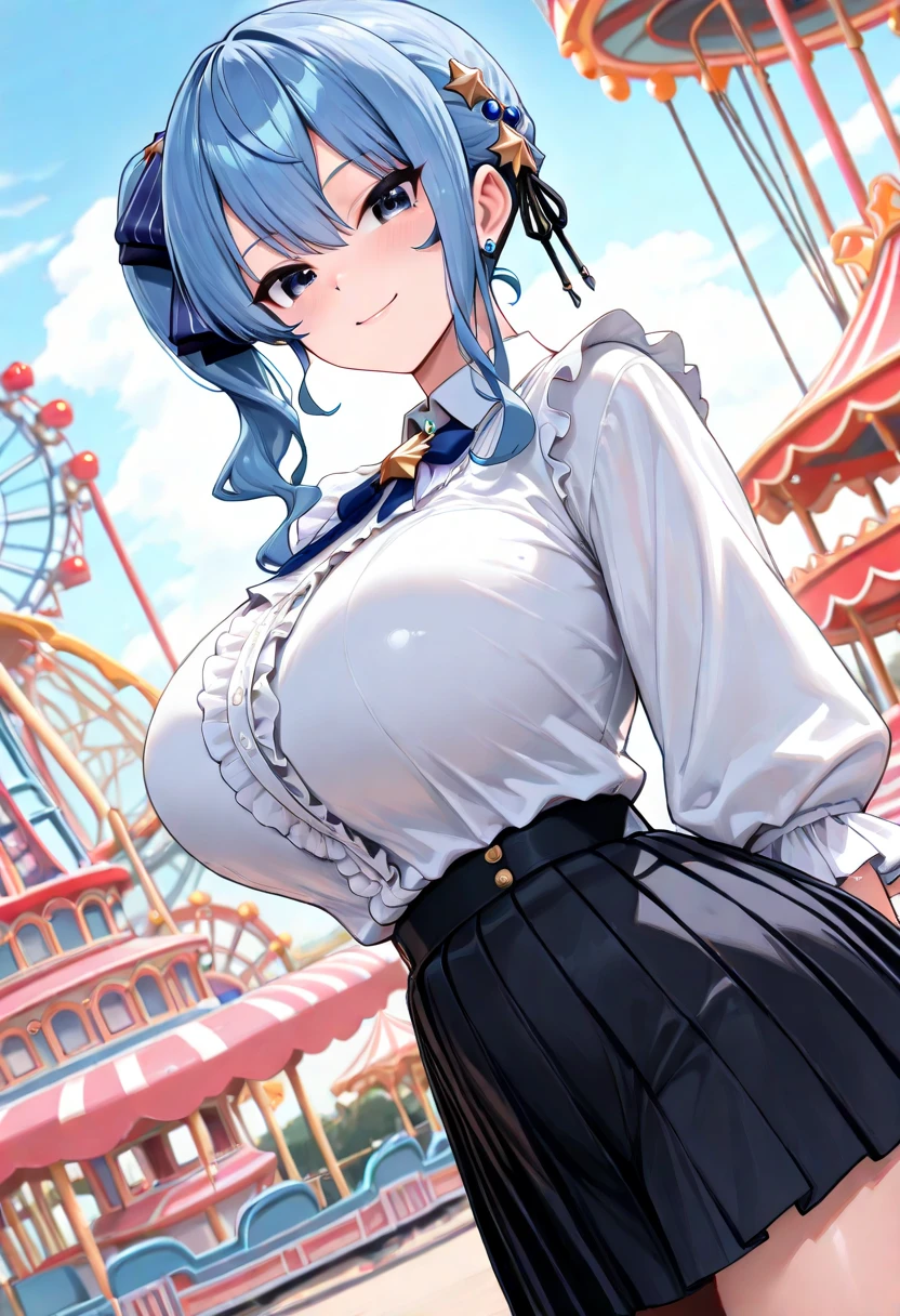 score_9, score_8_up, score_7_up, 1girl, solo, masterpiece, best quality, detailed, narrow waist, wide hips, huge breasts, huge ass, furude rika, blue hair, purple eyes, white shirt, pink bow, suspenders, black skirt, button gap, bursting breasts