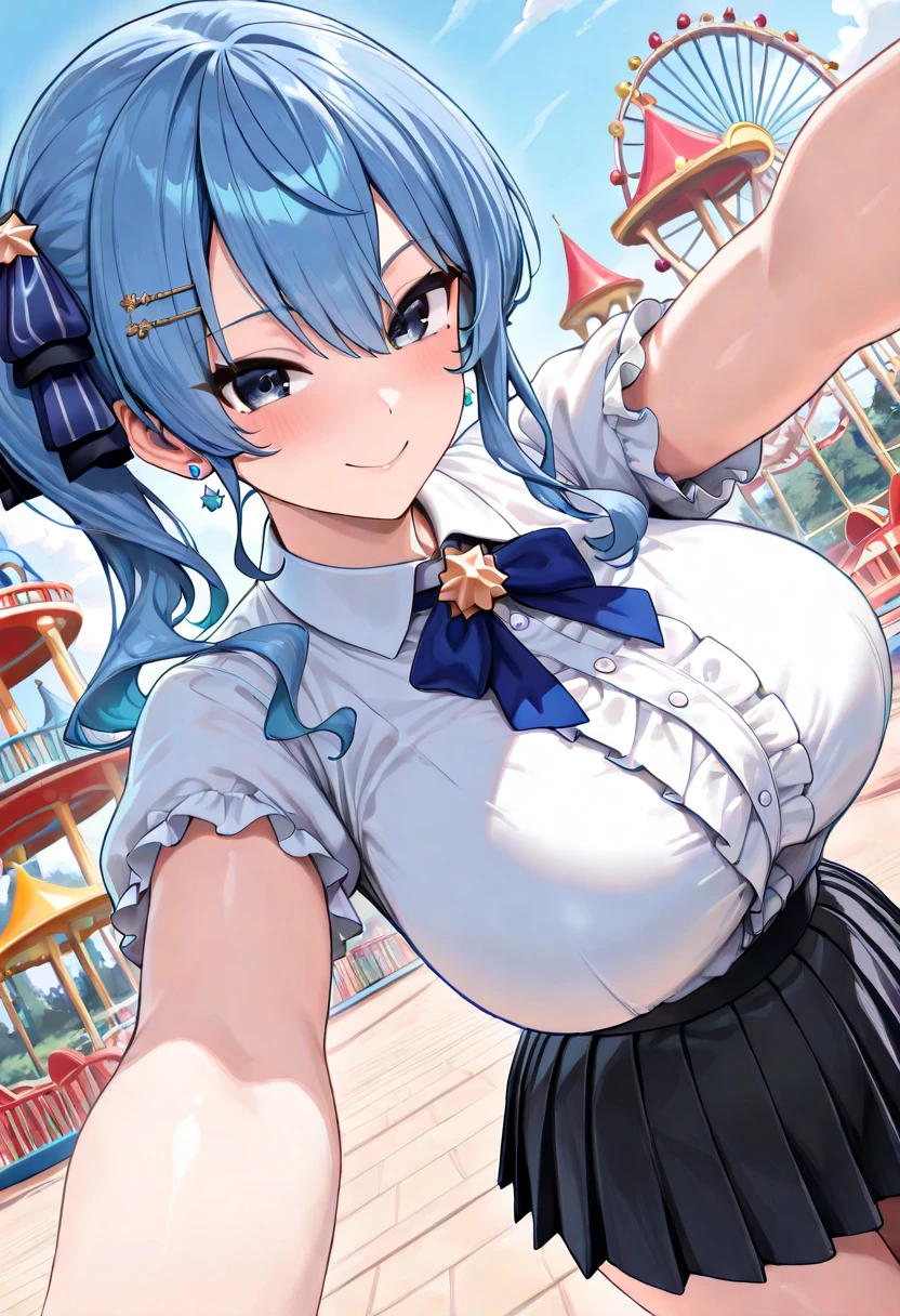 best quality, (masterpiece:1.3), absurdres, highres,16k, ultra high res, official art, illustration,extremely detailed, 1girl, solo, full body, 20yo,
delicate lines tailed face, (medium hair:1.9), (side swept bangs:1.7), (beautiful (aquamarine blue) hair:1.2), (shiny hair:1.2), (beautiful (light-purple) eyes:1.2), (shiny eyes:1.2), (medium breasts), (gleaming skin:1.4),
looking at viewer, (cowboy shot:1.5)
standing, laugh with open mouth, (arm up)
(band uniform:1.5), skirt,
(rooftop, blue sky, cloud)
