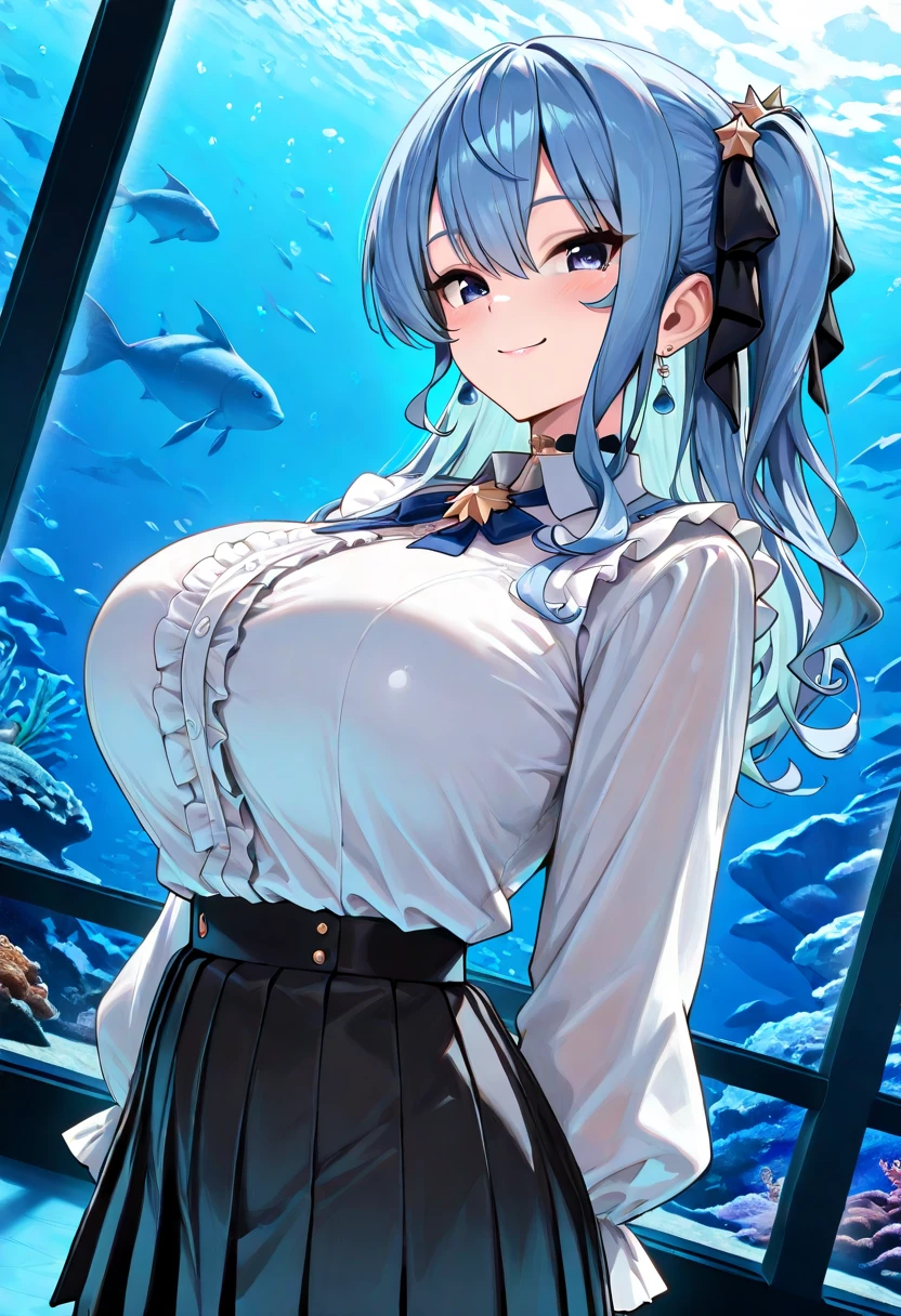 Score_9, Score_8_up, Score_7_up, ASCII masterpiece, source_anime, BREAK, 1girl, solo, mikuizayoi, miku izayoi, bangs, blunt bangs, hime cut, hair ornament, long hair, blue eyes, blue hair, blush, naughty face, big breasts, ((thin waist, wide hips, beautiful skin, beauty, extraordinarily beautiful woman, attractive woman, super sexy woman, lustful body, sexy with seductive and obscene body, sensual body, voluptuous body, )), obscene cleavage, bunny playboy, light blue leotard, detached collar, fishnet pantyhose, green pantyhose, fake bunny tail, light blue fake bunny ears, indoors, shiny clothing, shiny skin, bar, nightclub, fancy decorations, cowboy shot, from above, looking to the viewer, hands behind the back (detailed face, detailed eyes), delicate features, soft lighting, warm colors, pastel colors, seductive smile, cute and sexy,
Show less