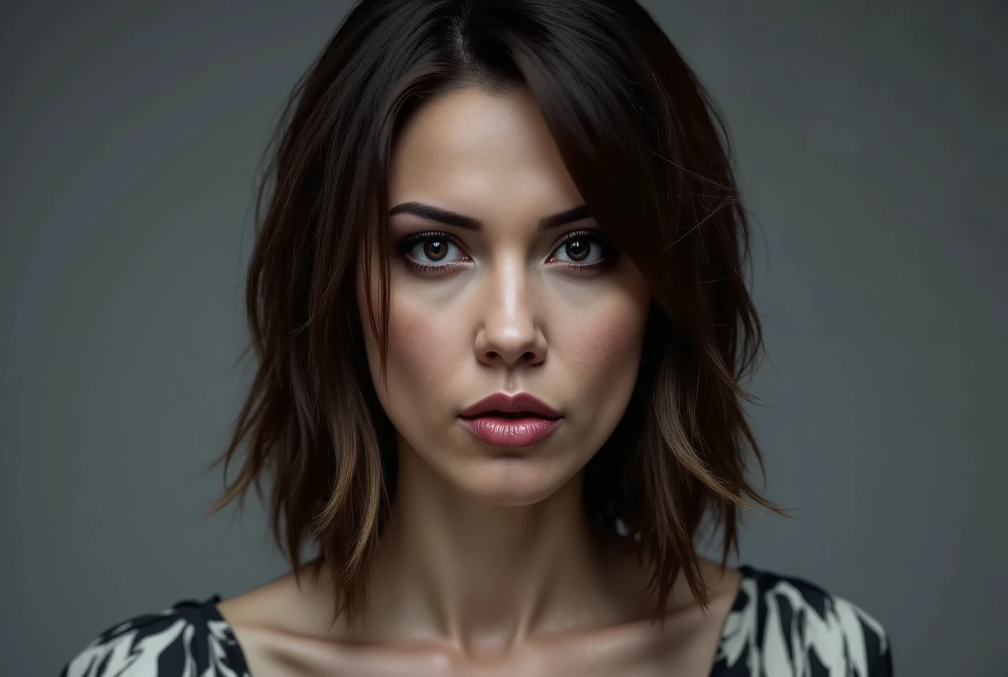 close up image of woman looking directly and intensely into the camera, her head slightly tilted down, intimidating, mischievous little smirk, piercing eyes, concrete background