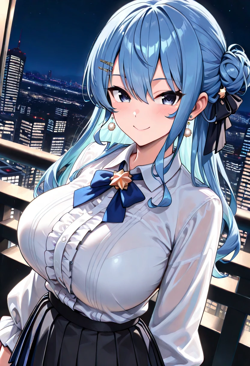 ((Best quality, 8k, Masterpiece :1.3)), Whole body, Sharp focus :1.2, A pretty woman with perfect figure :1.4, Slender abs :1.2, ((Big breasts :1.2)), body dress :1.1, (Night city view, Modern balcony :1.1), Highly detailed face and skin texture, Detailed eyes, Double eyelid, Small Bust, OL Uniform, Office Wear, white T-shirt, exposed cleavage, (Black Pantyhose), (No Panties), Interior Scene, Office,ganyu,ganyu_from_genshin_impact