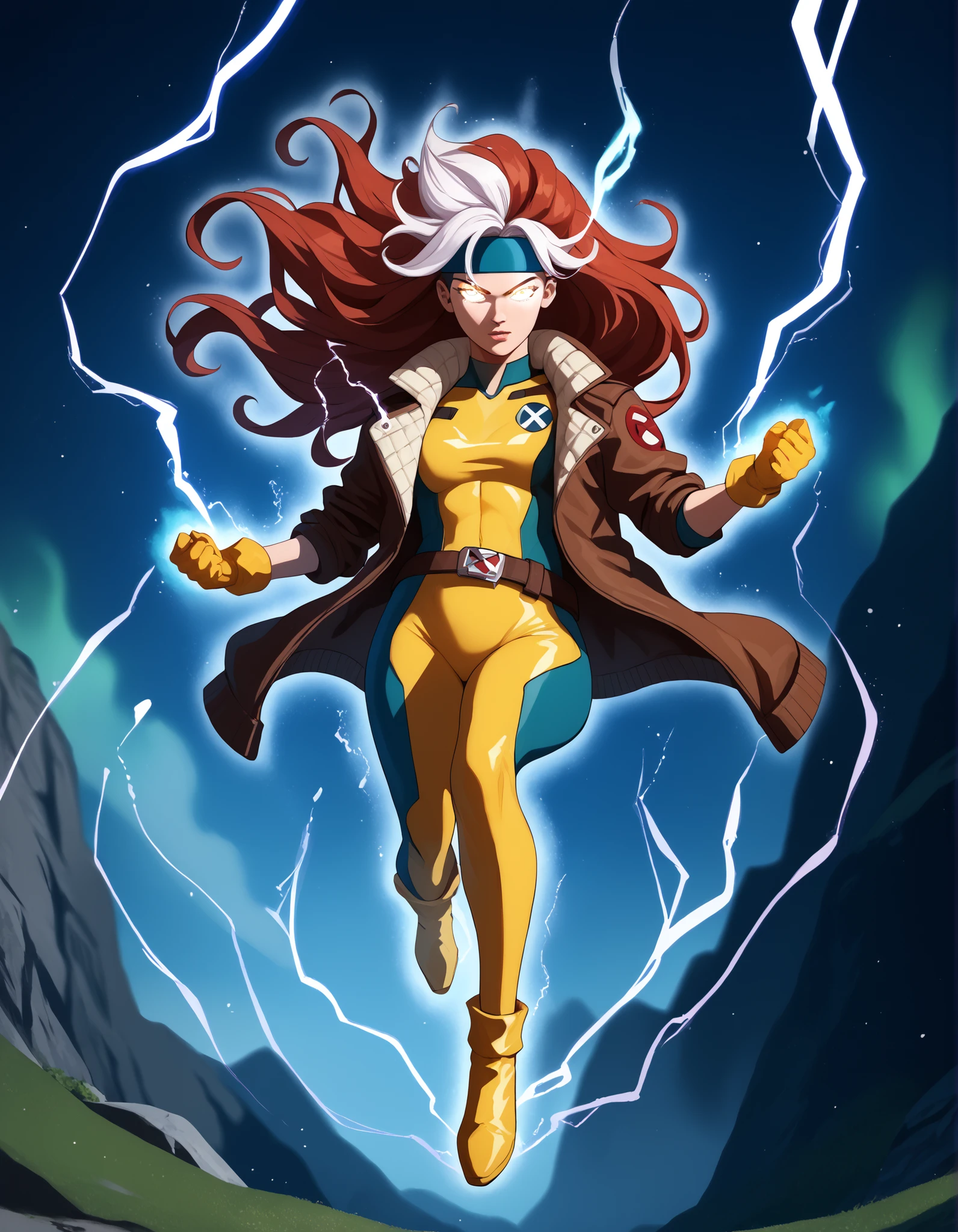 score_9, score_8_up, score_7_up, source_anime, 1girl, solo, DEFrogue, long hair, dyed bangs, headband, bodysuit, jacket, yellow gloves, belt, cr4ckl3, electricity, glowing eyes, whiteglow, outdoors, floating, full body, aura energy, UltraInstInctAura, aura, light particles, glowing skin, glowing clothes,