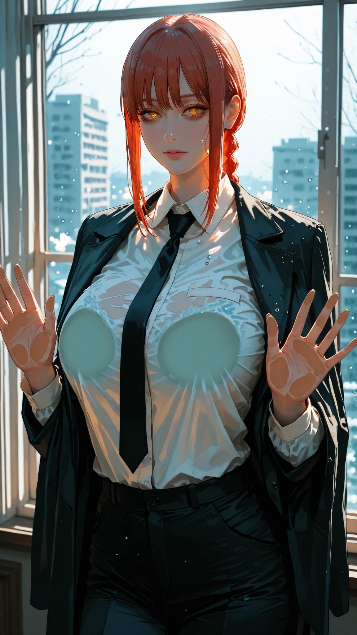 score_9, score_8_up , score_7_up , score_6_up , score_5_up , score_4_up , source_anime, tag1, Tag 2, quality_masterpiece, human anatomically accurate, beautiful face, perfect face, very detailed beautiful face and eyes, charming face, Confused Expression, is embarrassing, detailed face, Delicate Face, Big Breasts, sensual woman, mature woman, Mature Woman, maternal, Attractive BREAK rating_safe, Mature Woman, maternal, Attractive, ( masterpiece, best quality), safe, incredible quality bangs, very aesthetically pleasing, absurdities, highres, newest , HDR-10, 8K, high detail RAW color art, large pupil , tabs, high detail RAW color art , 1 woman, solo;(woman indoors,woman not wet with water:1.2), Makima (chainsaw man), red hair, braided_ponytail, yellow eyes, ringed eyes, moles under eyes, Eyelashes, Blacksuit jacket, Black tie, white shirt, Black dress pants, draping a blazer over the shoulders, (realistic shading:1.1),detailed hands, melancholic expression, (soft lighting on face:1.1), elegant blouse ; (rain-covered window:1.2), trailing raindrops on glass, (misty water droplets:1.1), soft refraction effects ; (dreamy blurred silhouettes beyond window:1.2), faint trees, distant buildings, ethereal atmosphere ; cinematic mood, cool-toned color palette, warm highlights ; (realistic anime style:1.1), moody lighting _ medium side view, portrait orientation _ bokeh glow, backlight through mist BREAK refined textures, ambient realism, emotional tone
