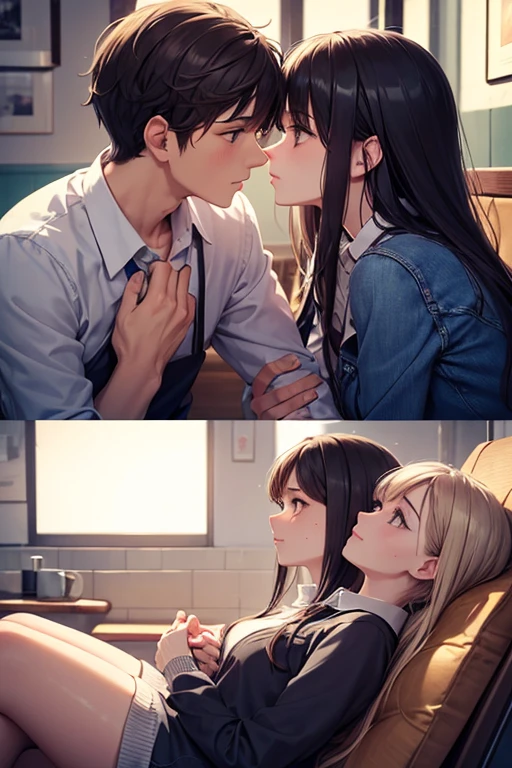 A boy is removing a girl's bra and both are romancing. It is evening.