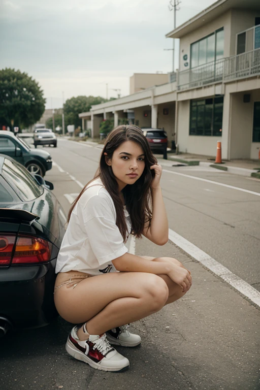 Poor hot woman crying on the road, everybody looking at her