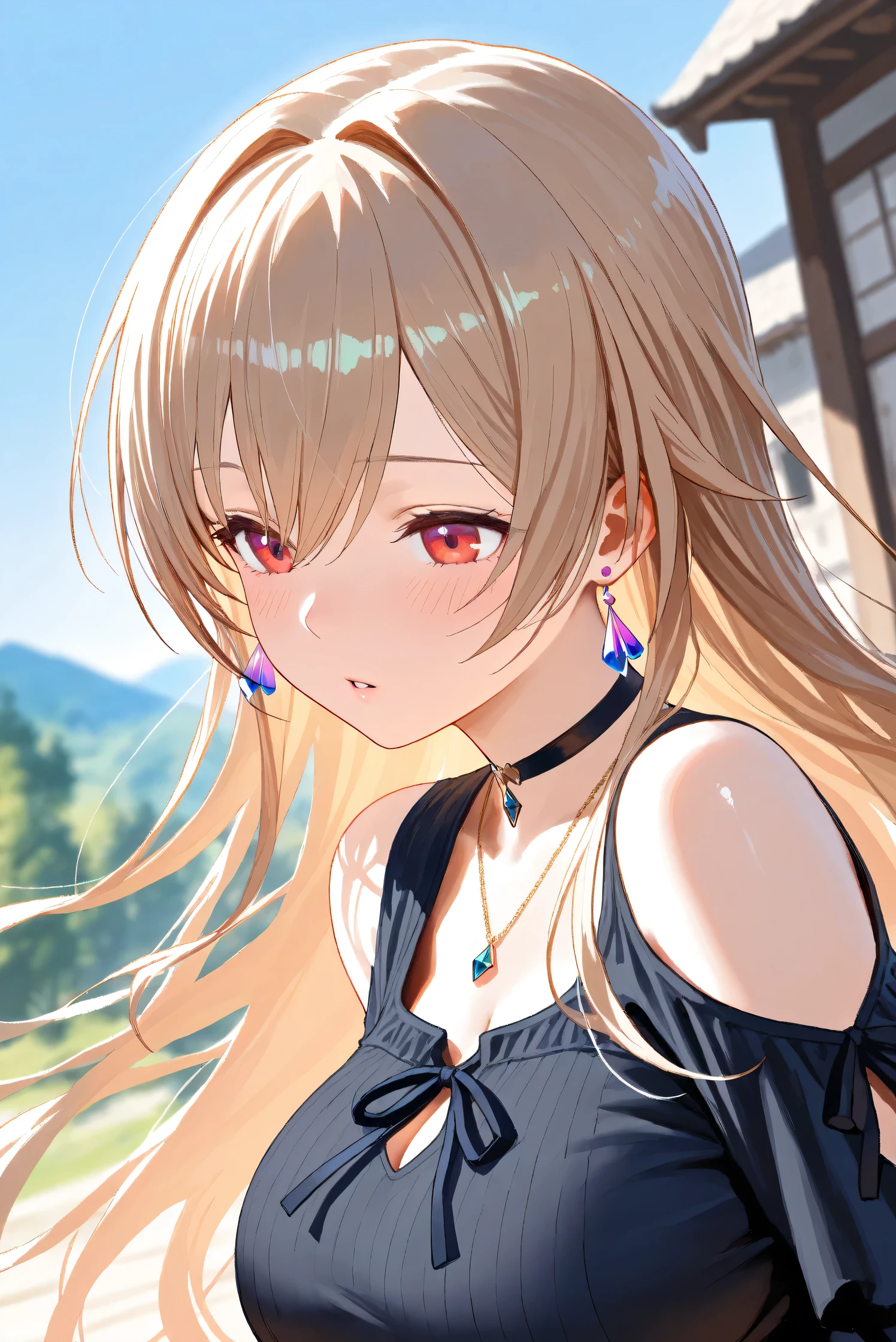 (Masterpiece), (Highest quality), (Very detailed),
(The best shape), (Best Shadow), (Absurd),
(Detailed background), (So beautiful), Shiny ,
Extraordinary, Countershading, 8k, 32K, High resolution, Beautiful eyes in every detail,
Very Detailed CG, UHD,
Score_9, Score_8_up, Score_7_up, Source_anime,
(Pastel painting:1.2), (Watercolor painting:1.2),
(Masterpiece, Detailed:1.2), (Foreshortening:1.2),
Cinematic, Dramatic, (Depth of field:1.4),
(Blurry background:1.4), (Realistic background:1.4),
(Foreshortening:1.3),Dynamic angle, 1 girl,
fantasy background, Outdoor, Nature, Wind, blue sky,
fantasy buildings,
Furen E Lustario,
Nijisanji, virtual youtuber,
frnel, very long hair, blonde hair, brown hair, bangs, red eyes, hair between eyes, large breasts,
casual wear, black shirt, ribbon tie, clothing cutout, shoulder cutout, black choker, bare shoulders, jewelry, (Purple earrings:1.1), necklace,
portrait, focus on face, close up,
(Blush:1.3), parted lips,
Realistic skin, Shiny skin,