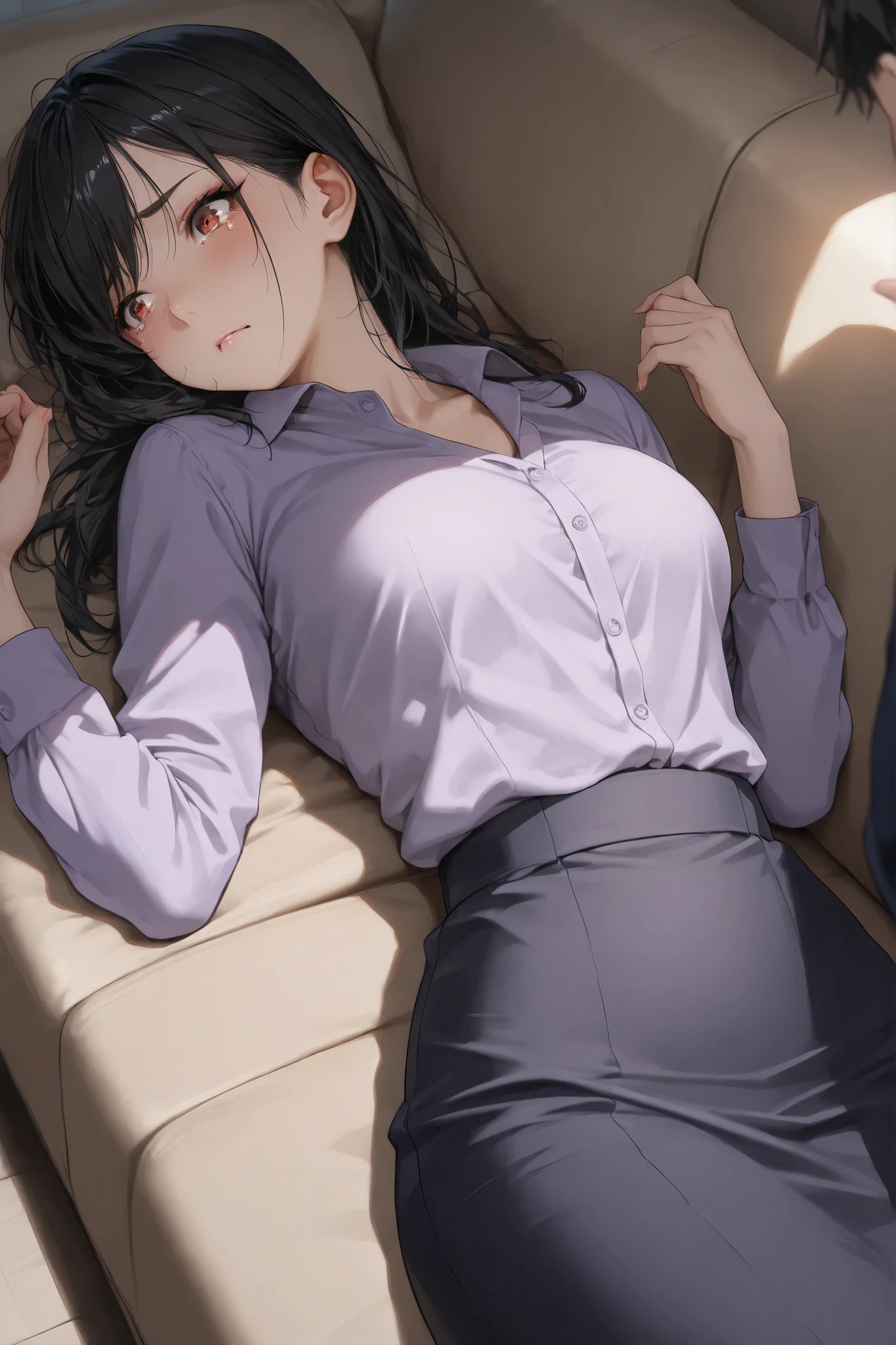 1girl, very cute face, cute girl, solo, short black hair, shiny hair, side-swept bangs, natural makeup, beautiful, cute, office lady, fashionable business suit, navy suit, lavender blouse, skirt suit, meeting room, lying on back, on sofa, (1boy, collapsed on her), shocked expression, worried face, teary eyes, seductive pose, vulnerable, frozen moment, tense atmosphere, holding his back, dramatic lighting, soft shadows, diagonal perspective, dynamic angle, (flawless smooth skin, very aesthetic), vibrant, high contrast, masterpiece, best quality, high resolution, highly detailed, intricate details