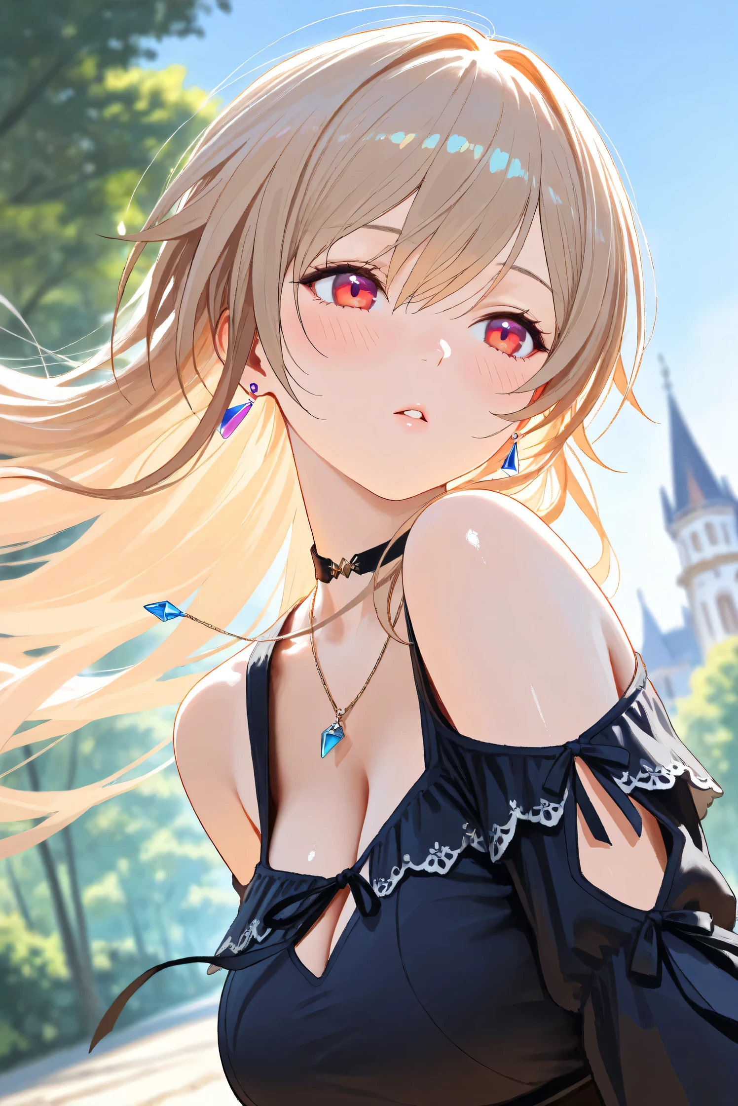 (Masterpiece), (Highest quality), (Very detailed),
(The best shape), (Best Shadow), (Absurd),
(Detailed background), (So beautiful), Shiny ,
Extraordinary, Countershading, 8k, 32K, High resolution, Beautiful eyes in every detail,
Very Detailed CG, UHD,
Score_9, Score_8_up, Score_7_up, Source_anime,
(Pastel painting:1.2), (Watercolor painting:1.2),
(Masterpiece, Detailed:1.2), (Foreshortening:1.2),
Cinematic, Dramatic, (Depth of field:1.4),
(Blurry background:1.4), (Realistic background:1.4),
(Foreshortening:1.3),Dynamic angle, 1 girl,
fantasy background, Outdoor, Nature, Wind, blue sky,
fantasy buildings,
Furen E Lustario,
Nijisanji, virtual youtuber,
frnel, very long hair, blonde hair, brown hair, bangs, red eyes, hair between eyes, large breasts,
casual wear, black shirt, ribbon tie, clothing cutout, shoulder cutout, black choker, bare shoulders, jewelry, (Purple earrings:1.1), necklace,
portrait, focus on face, close up shot,
(Blush:1.3), parted lips,
Realistic skin, Shiny skin,