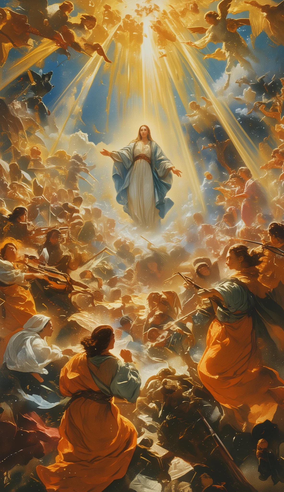 el greco, Angels and the Virgin Mary, clear sky, mystery, bands of light rising to the heavens, angels playing music