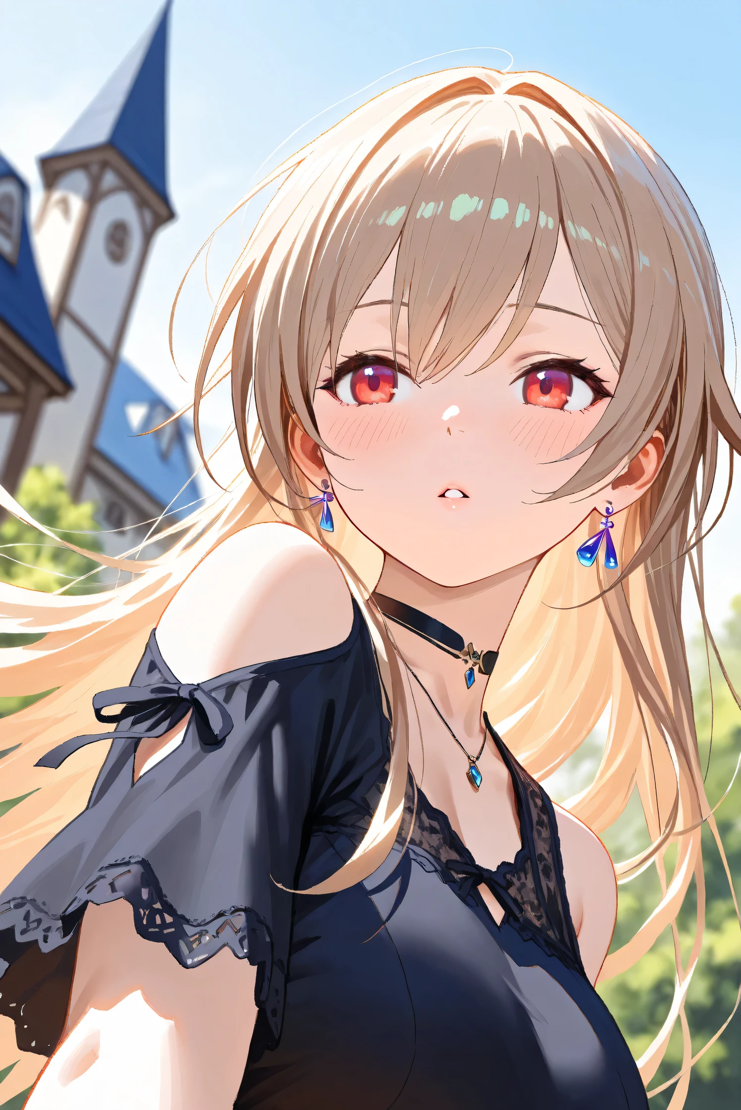 (Masterpiece), (Highest quality), (Very detailed),
(The best shape), (Best Shadow), (Absurd),
(Detailed background), (So beautiful), Shiny ,
Extraordinary, Countershading, 8k, 32K, High resolution, Beautiful eyes in every detail,
Very Detailed CG, UHD,
Score_9, Score_8_up, Score_7_up, Source_anime,
(Pastel painting:1.2), (Watercolor painting:1.2),
(Masterpiece, Detailed:1.2), (Foreshortening:1.2),
Cinematic, Dramatic, (Depth of field:1.4),
(Blurry background:1.4), (Realistic background:1.4),
(Foreshortening:1.3),Dynamic angle, 1 girl,
fantasy background, Outdoor, Nature, Wind, blue sky,
fantasy buildings,
Furen E Lustario,
Nijisanji, virtual youtuber,
frnel, very long hair, blonde hair, brown hair, bangs, red eyes, hair between eyes, large breasts,
casual wear, black shirt, ribbon tie, clothing cutout, shoulder cutout, black choker, bare shoulders, jewelry, (Purple earrings:1.1), necklace,
portrait, focus on face, close up shot,
(Blush:1.3), parted lips,
Realistic skin, Shiny skin,