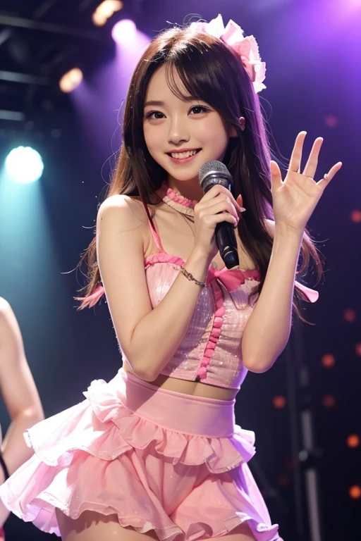 Woman in idol costume、Pose while singing and dancing happily together, Sweat and have fun, Everyone is smiling and having fun, Enjoy the moment. Girls are surrounded by cute and colorful decorations, Eta、They are comfortable and relaxing. They are all good friends, Eta、They are happy to spend time together, {{{{arena}}}},Idol stage, {{{spot lighting}}}, {{{Light from above}}}, {{{{Confetti:1.3, Motion Blur}}}},{{{Dutch Angle Shot}}}, masutepiece, absurderes, Best Quality, Intricate details, Best Quality, 8K, best aethetic, Beautiful Art, Ultra-detailed, Illustration, White panties、
