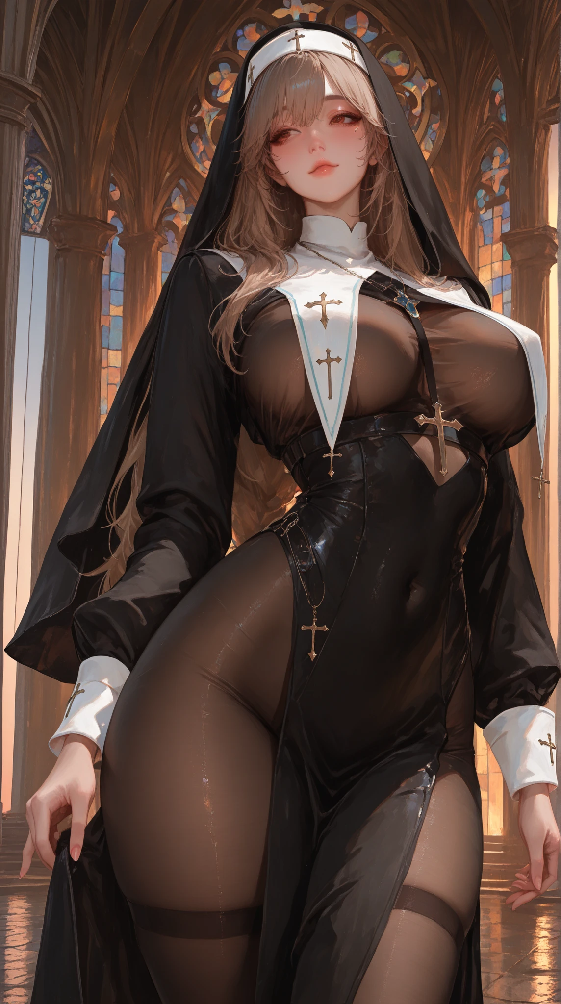 check_9, check_8, check_7_up, 1 girl, 1 boy, Gorgeous body, pubic hair, beautiful sexy nun, she is beautiful and very hot, she prays, majestic setting, Return Rider, sex for salvation
