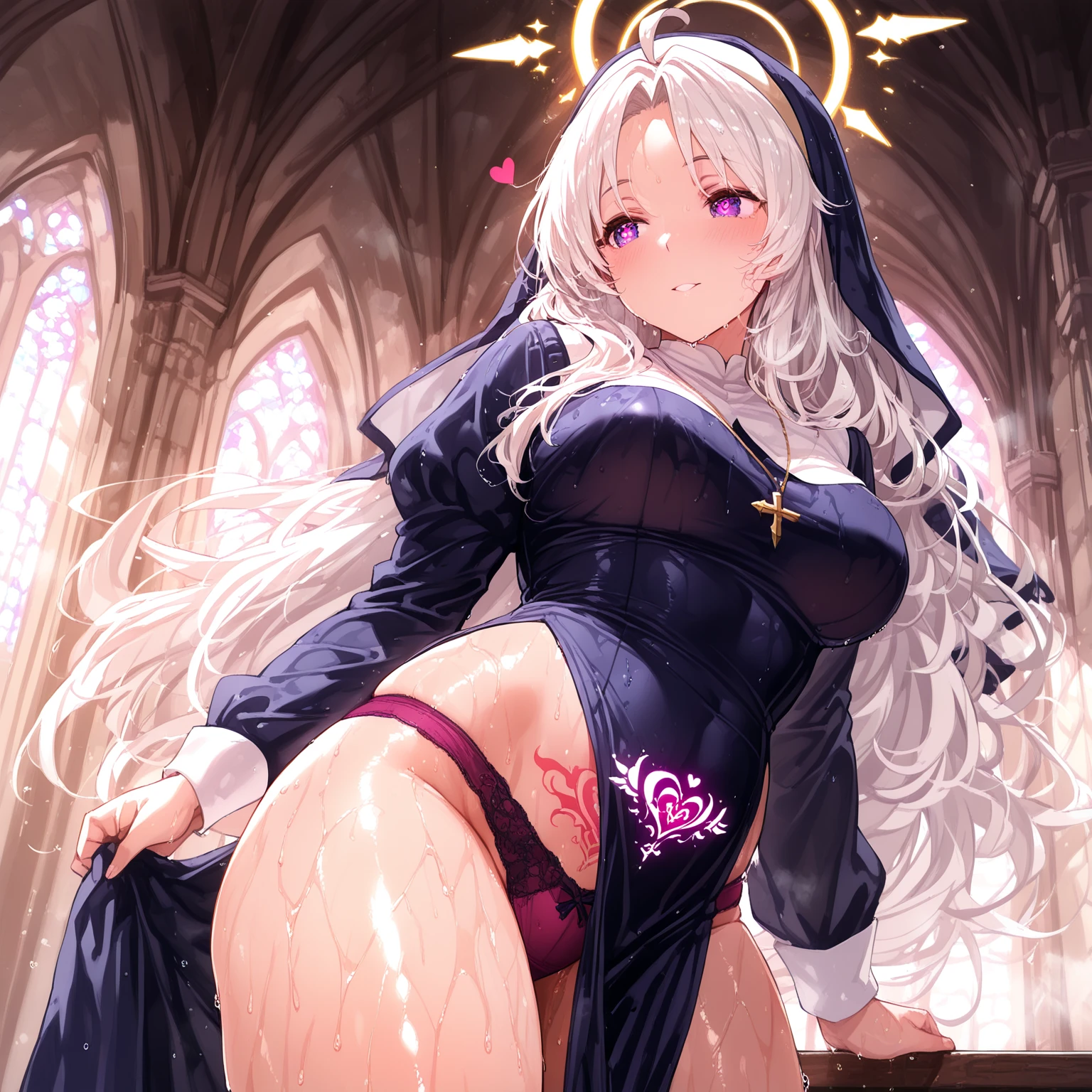 standing split, split, standing on one leg, 1girl, standing, long hair, dress, breasts, thighs, kneepits, nun, blush, leg up, no panties, leg lift, solo, bangs, looking at viewer, black dress, pelvic curtain, long sleeves, purple eyes, legs, eyebrows visible through hair, very long hair