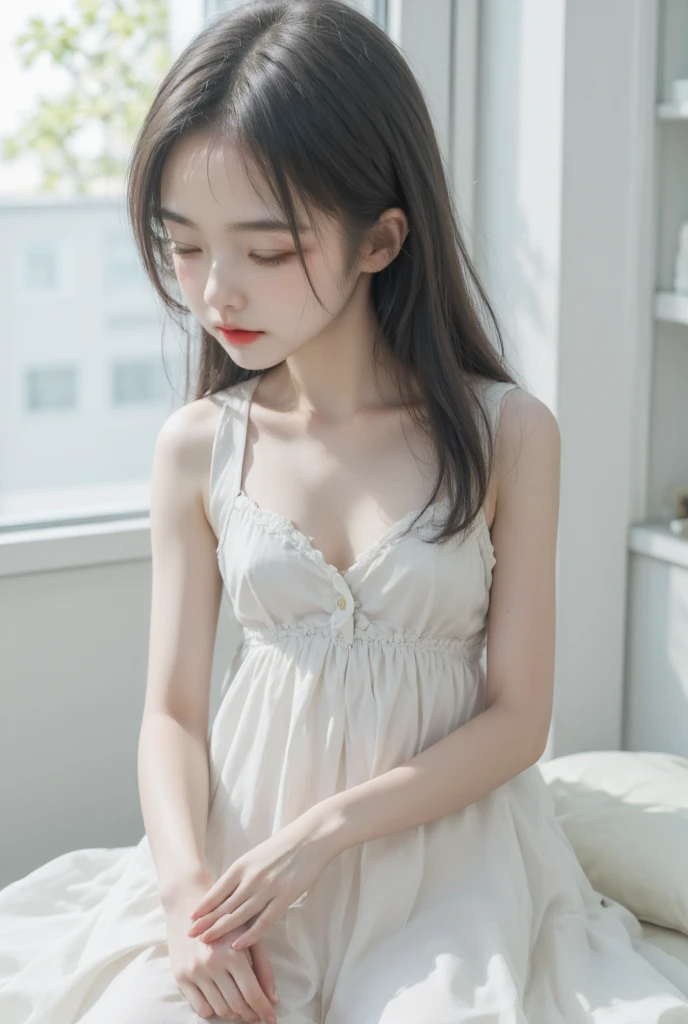 On the floor sat a girl and a cat, very beautiful cute catgirl, pale young ghost girl, Loli, 2263539546], belle delphine, ulzzangs, White ( cat ) Girl, loli in dress, cute kawaii girls, in night gown wearing, Anime girl cosplay, kemonomimi，Big chest cute