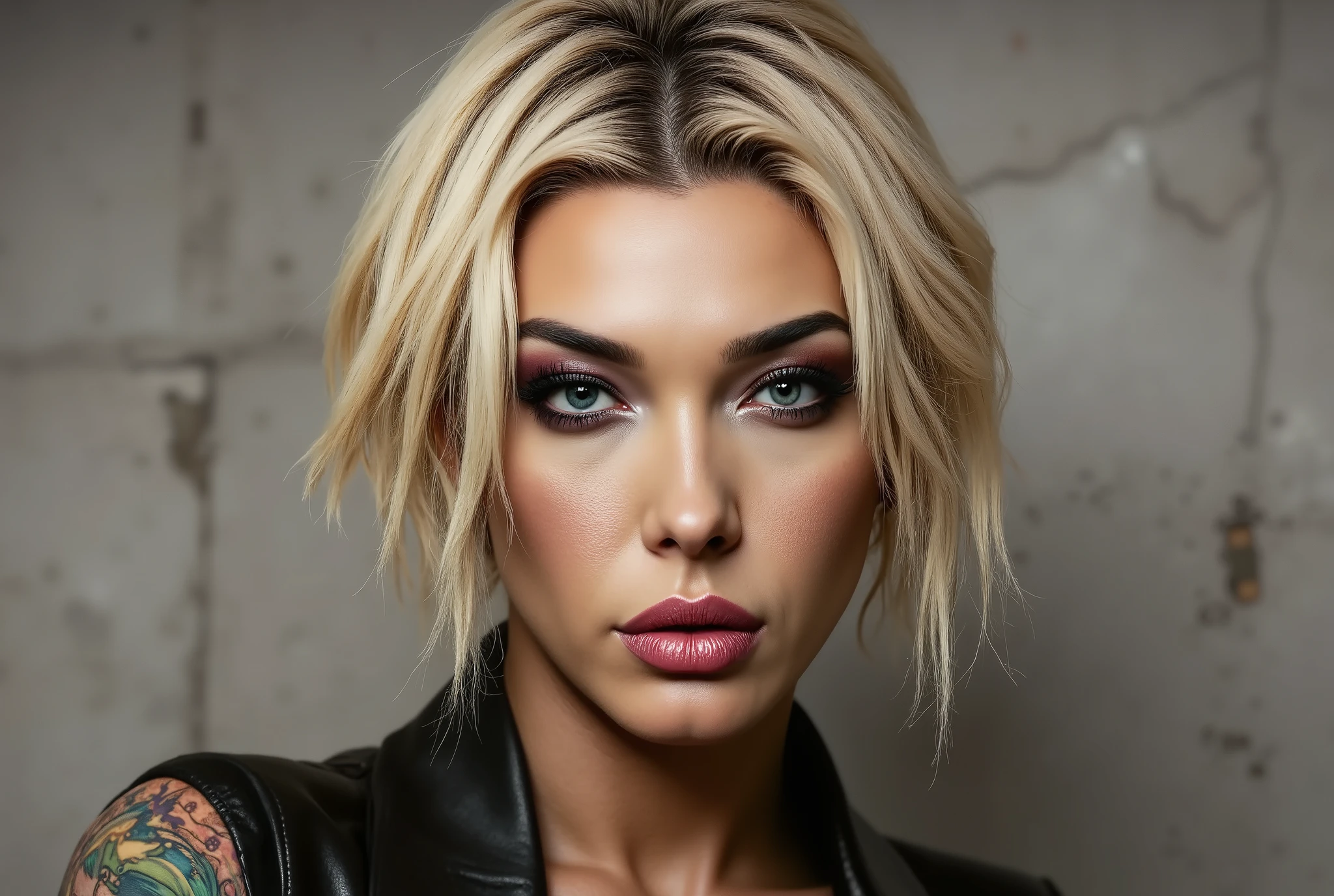 close up image of woman looking directly and intensely into the camera, her head slightly tilted down, intimidating, mischievous little smirk, piercing eyes, concrete background