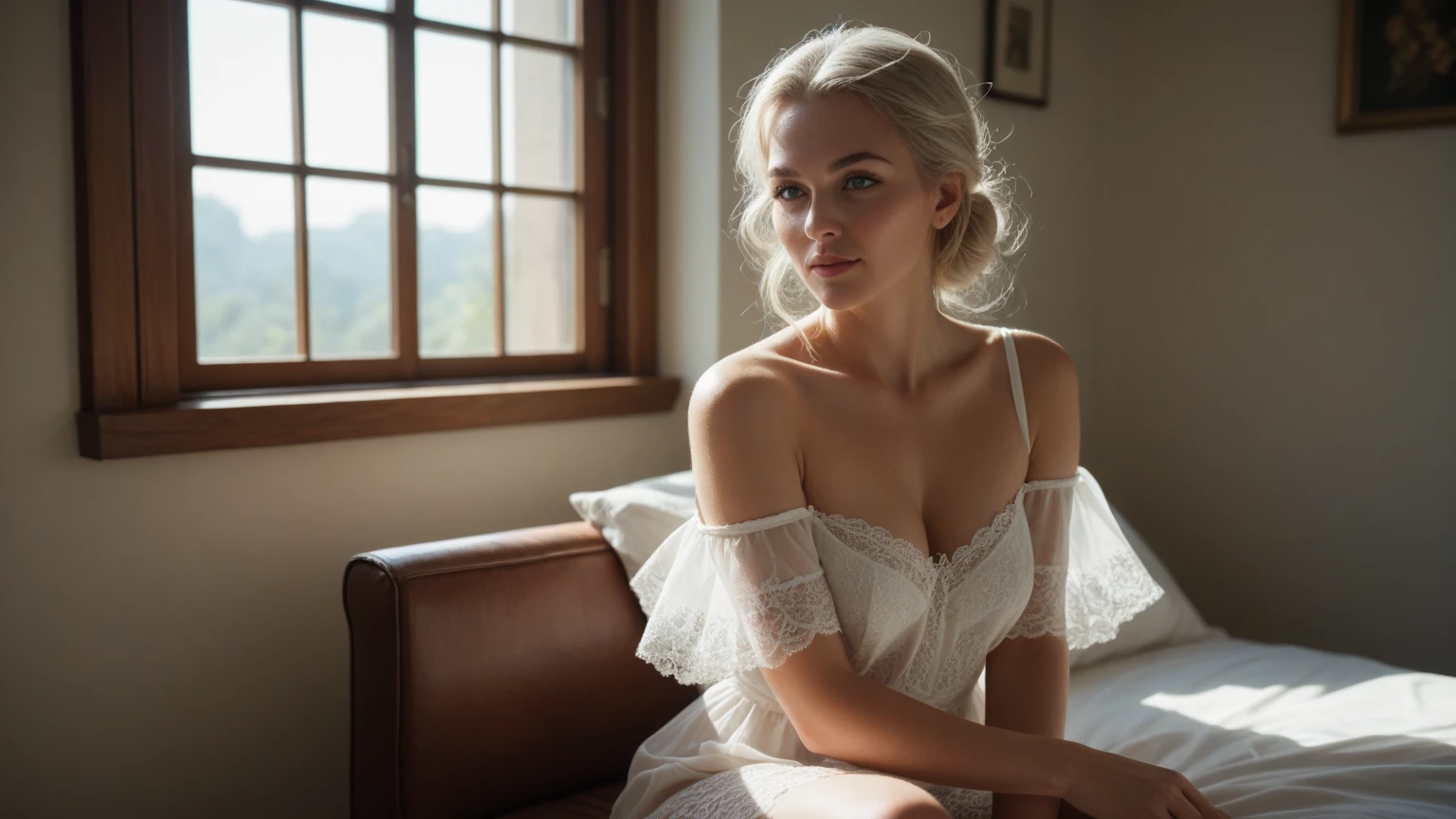 Embarrassing Photo,Old Instant Film, Bokeh, Flare, Low Contrast ,High-Key , Twilight ,Beautiful Blond Porn-Star Woman , Sweet Body , Round Face,Wearing Transparent chemise ,Loose ,In The Bedroom , Moist Eyes,Sexual-Pose, Under-Wear Advertising,Sit The Chair,holding back Pee