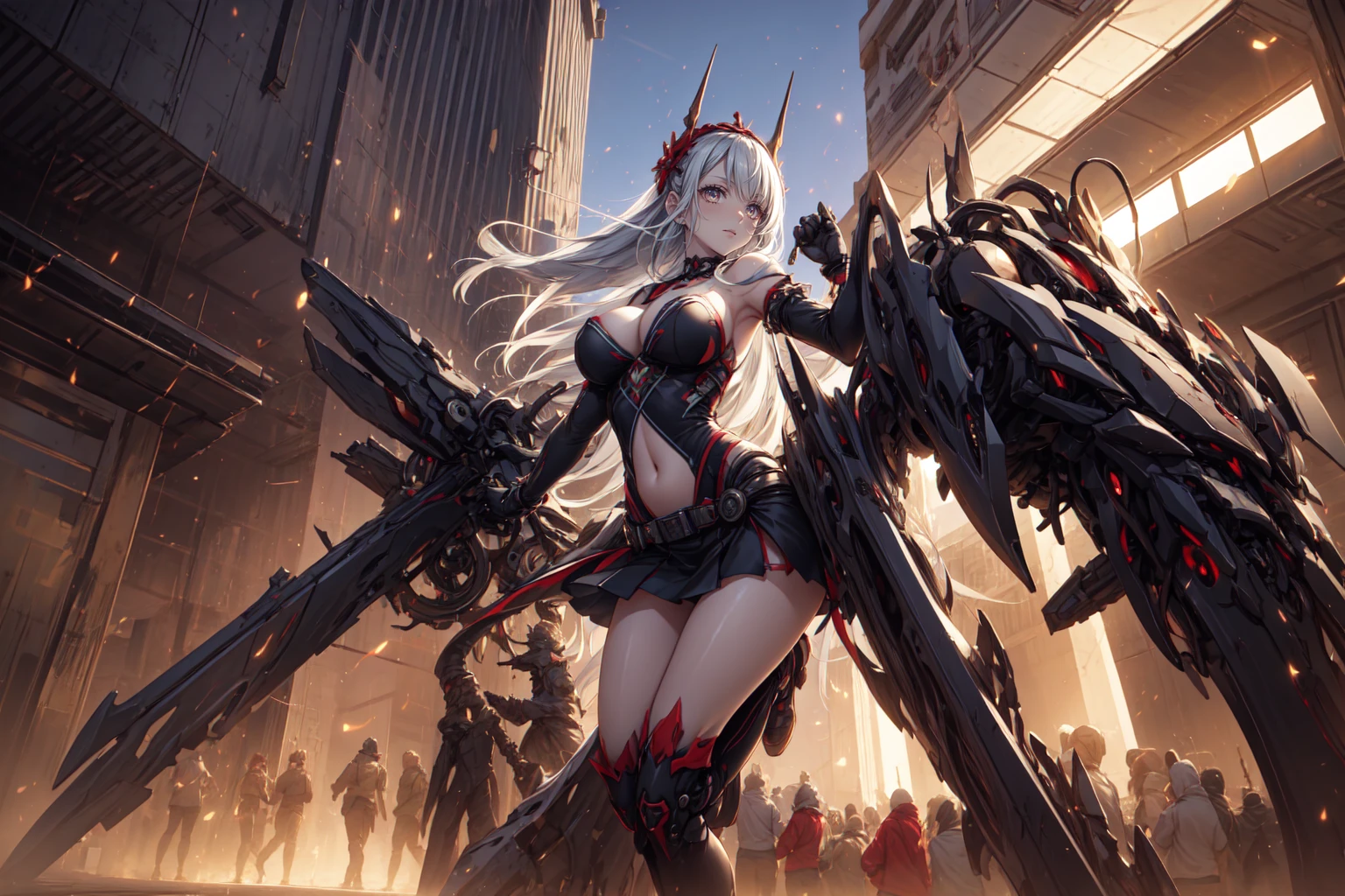 masterpiece, hdr, best quality, uhd, 8k resolution, best light, realistic, detailed background, flat chest, detailed face, detailed hands, young girl, bare shoulders, midriff, full body, (1girl, air defense princess:1.3), white skin, red eyes, (crowded street, people surround character1.2),