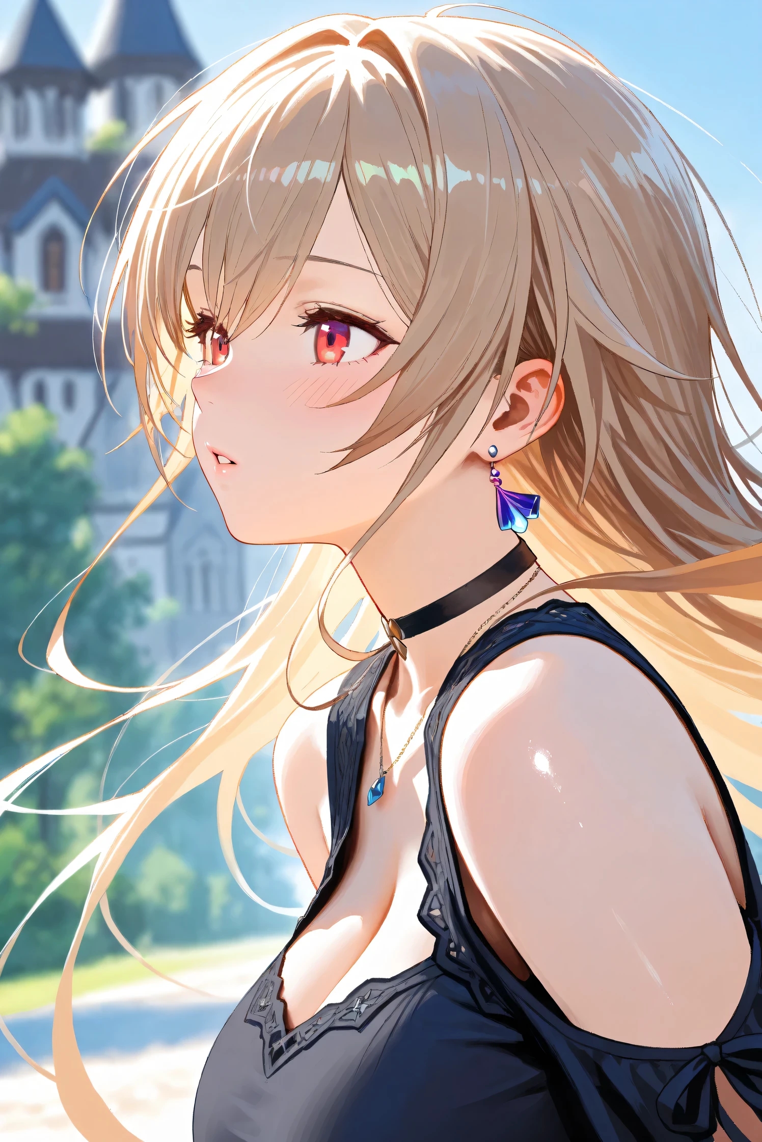 (Masterpiece), (Highest quality), (Very detailed),
(The best shape), (Best Shadow), (Absurd),
(Detailed background), (So beautiful), Shiny ,
Extraordinary, Countershading, 8k, 32K, High resolution, Beautiful eyes in every detail,
Very Detailed CG, UHD,
Score_9, Score_8_up, Score_7_up, Source_anime,
(Pastel painting:1.2), (Watercolor painting:1.2),
(Masterpiece, Detailed:1.2), (Foreshortening:1.2),
Cinematic, Dramatic, (Depth of field:1.4),
(Blurry background:1.4), (Realistic background:1.4),
(Foreshortening:1.3),Dynamic angle, 1 girl,
fantasy background, Outdoor, Nature, Wind, blue sky,
fantasy buildings,
Furen E Lustario,
Nijisanji, virtual youtuber,
frnel, very long hair, blonde hair, brown hair, bangs, red eyes, hair between eyes, large breasts,
casual wear, black shirt, ribbon tie, clothing cutout, shoulder cutout, black choker, bare shoulders, jewelry, (Purple earrings:1.1), necklace,
portrait, focus on face, close up shot,
(Blush:1.3), parted lips,
Realistic skin, Shiny skin,