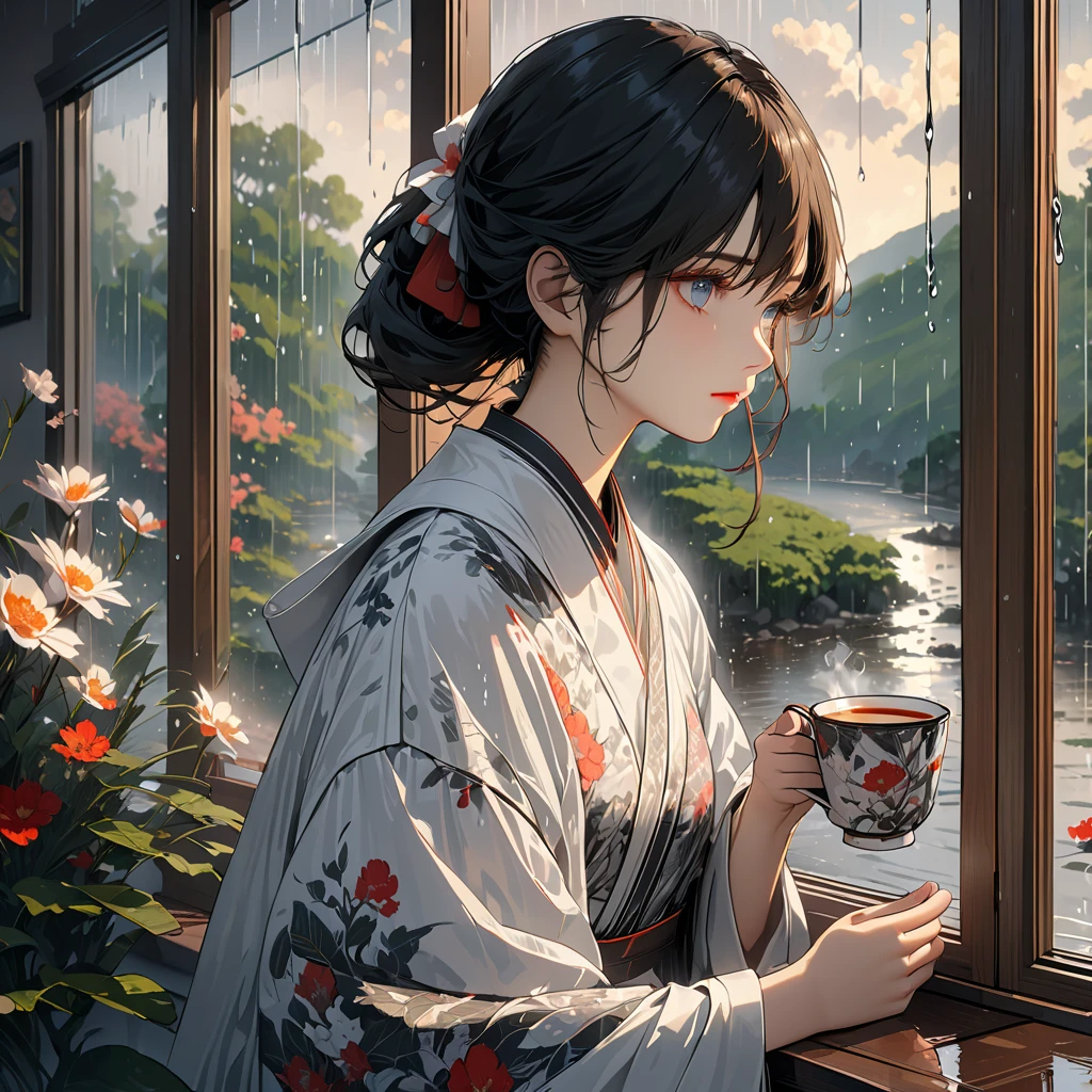 A girl drinking tea, looking outside the window, rain falling, serene and peaceful expression, untied black hair with soft waves, (best quality,4k,8k,highres,masterpiece:1.2),ultra-detailed,intricate details,beautiful detailed eyes,beautiful detailed lips,extremely detailed face,longeyelashes,window reflections,warm lighting,muted color palette,calming atmosphere, perfect composition