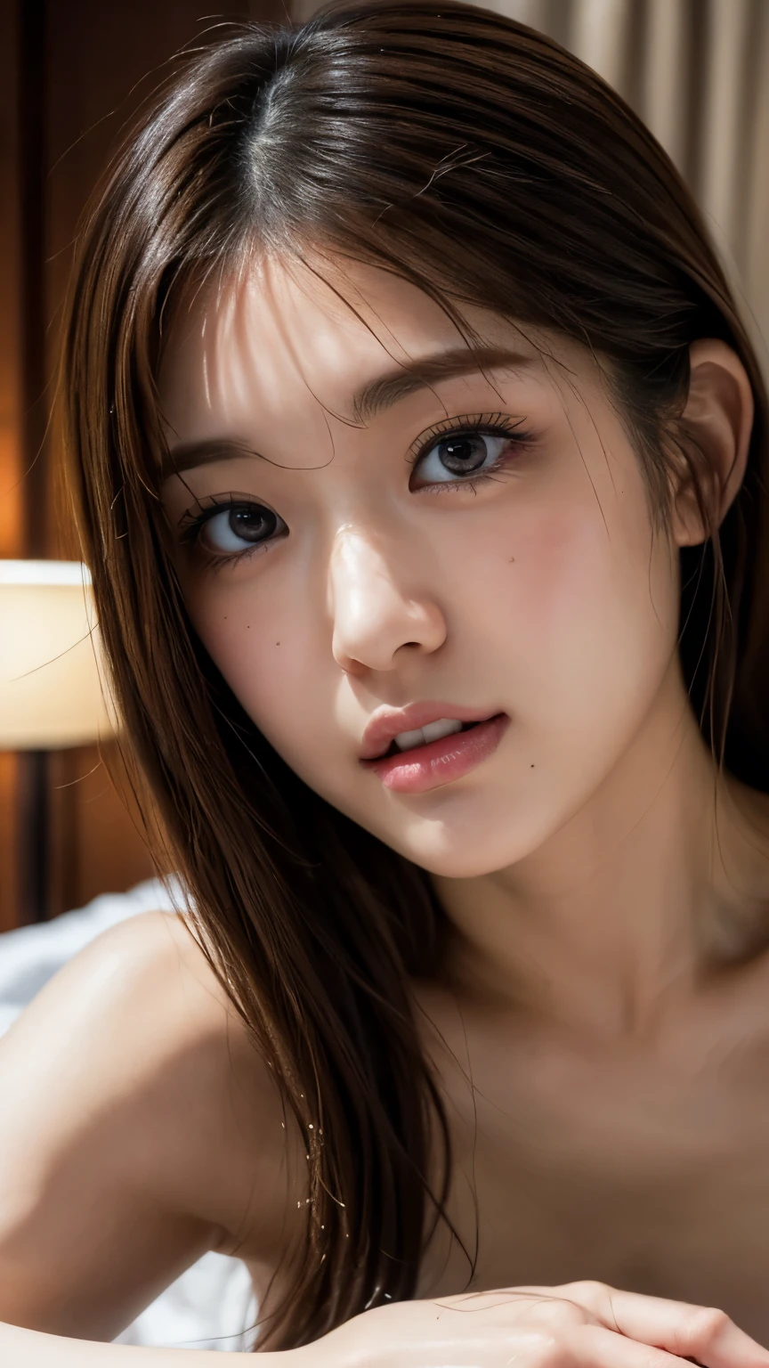 ((perfect anatomy:1.2,realistic,:1.3, RAW photos :1.3,masterpiece、best quality、Ultra - high resolution、high resolution、highly detailed CG、8k)), ladies 1,alone,((at the rocking horse))(((face up))),((hotel room、on bed),((( completely naked)))、orgasm、((face close-up))((Matsumura Sayuri))"Matsumura Sayuri"