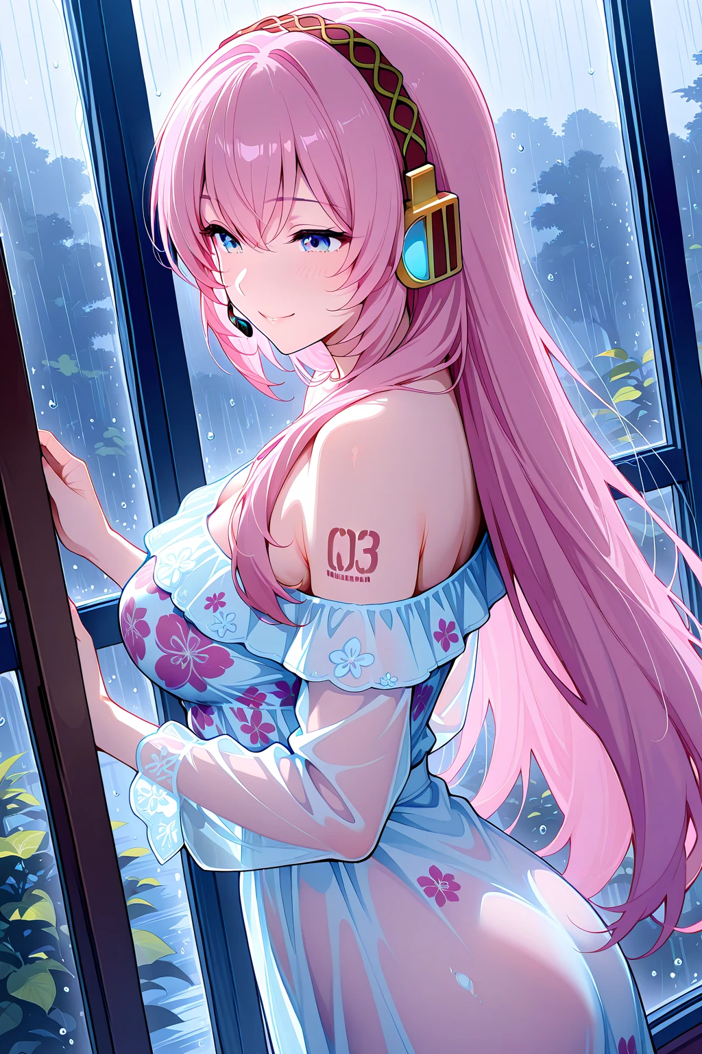 There is a delicate girl standing wearing a pink and blue wig., She is wearing a white terry cloth bathrobe and wiping her hair with a towel in front of the bathroom.,Her body and hair are wet after taking a bath.,anime style 4 k, anime girl, seductive anime girl, anime girls, young anime girl, anime atmosphere, anime style. 8K, attractive anime girl, beautiful anime girl, cute anime girl, artgerm colorful!!!, pretty anime girl