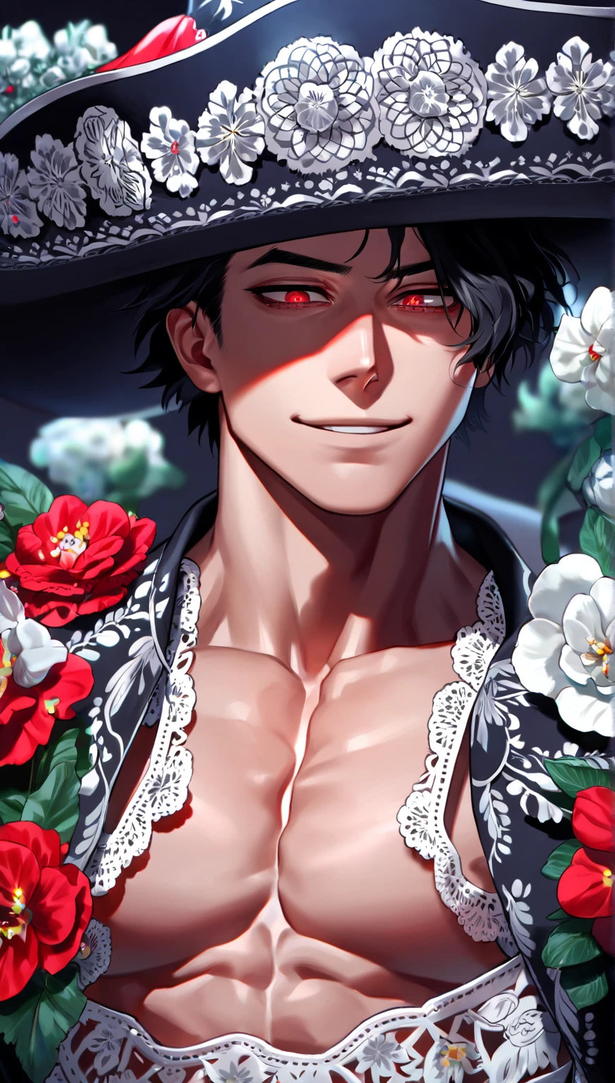 absurdres, highres, ultra detailed, HDR, master piece, best quality, Ryoumen Sukuna, pink hair, expressive red eyes, Jujutsu Kaisen, solo, sexy man, handsome, horny, lewd, black hat, fantasy black pirate clothes, accessories, showing the chest, beach, sea, petals, flowers