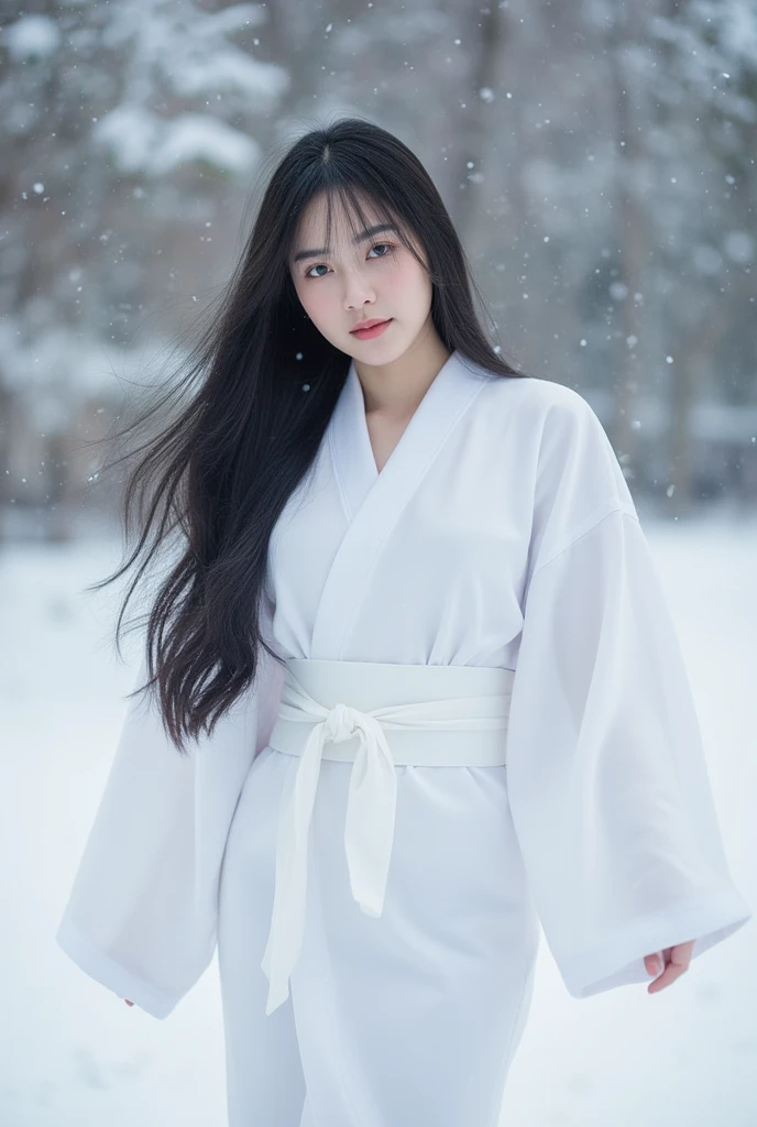(bestquality:1.4), (8K image quality), 1girls, White Hanfu, snow, Long hair fluttering in the wind., smile, large aperture, Upper body, blurred background