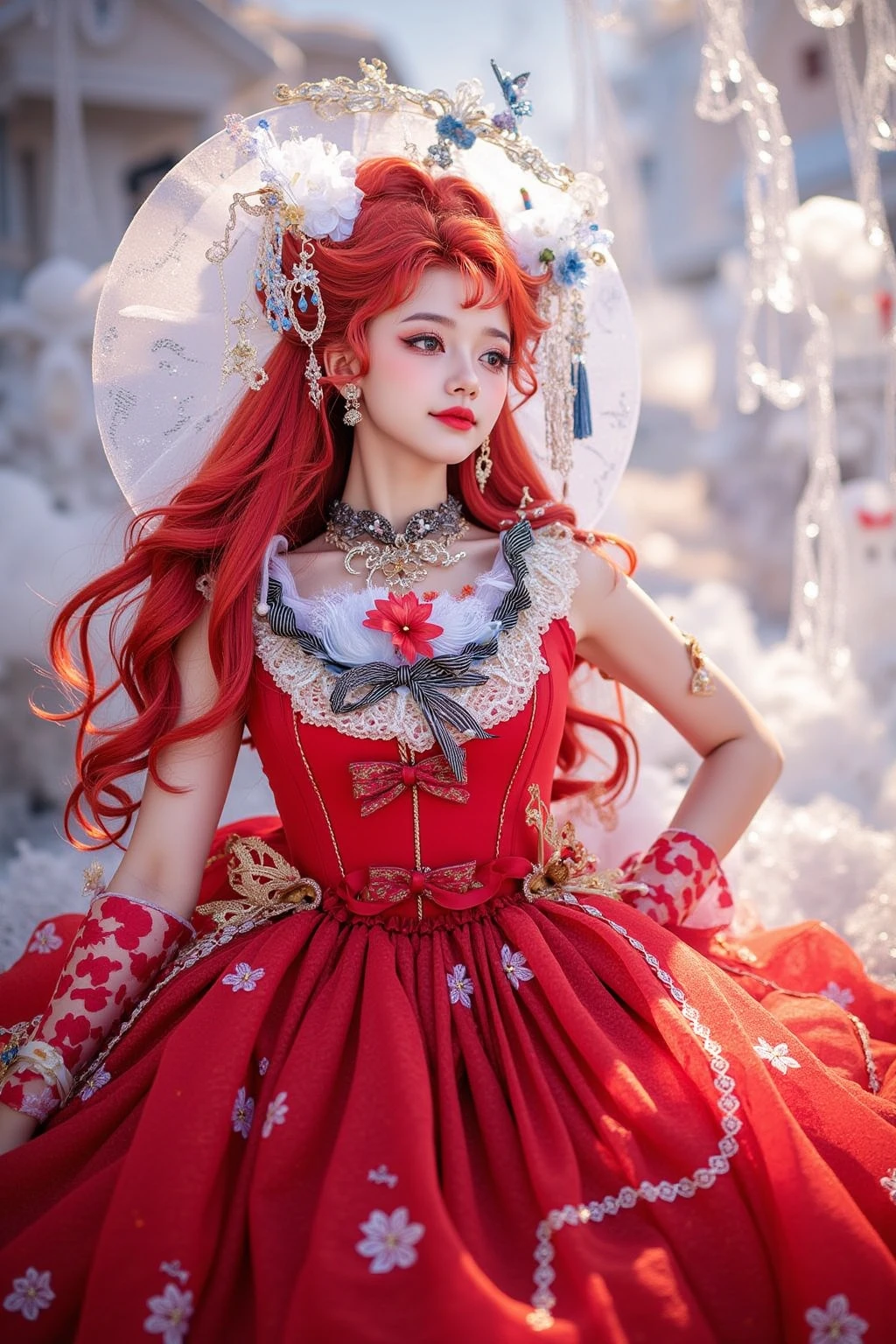 a doll dressed in a color dress, magic fantasy highly detailed, baroque color palette, detailed face with mask, ultra - realistic and intricate, the red queen, colorful light leather armor, prima ballerina in rose garden, highly detailed clothing, lady, realistic. detailed ,feathers,wind blowing hair flying