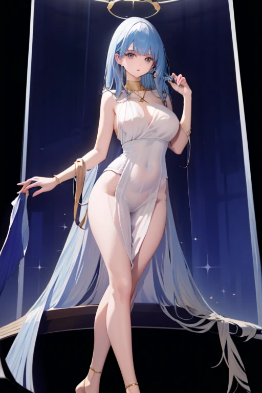 masterpiece、realistic style、very long purple hair、Beautiful woman、white bikini armor、Sleeveless light blue see-through sexy dress 1:5、Light blue see-through long skirt、 (medium breasts), (perfect body) transparent nipples、dignified expression、Standing on a deserted lake at night、dark fantasy