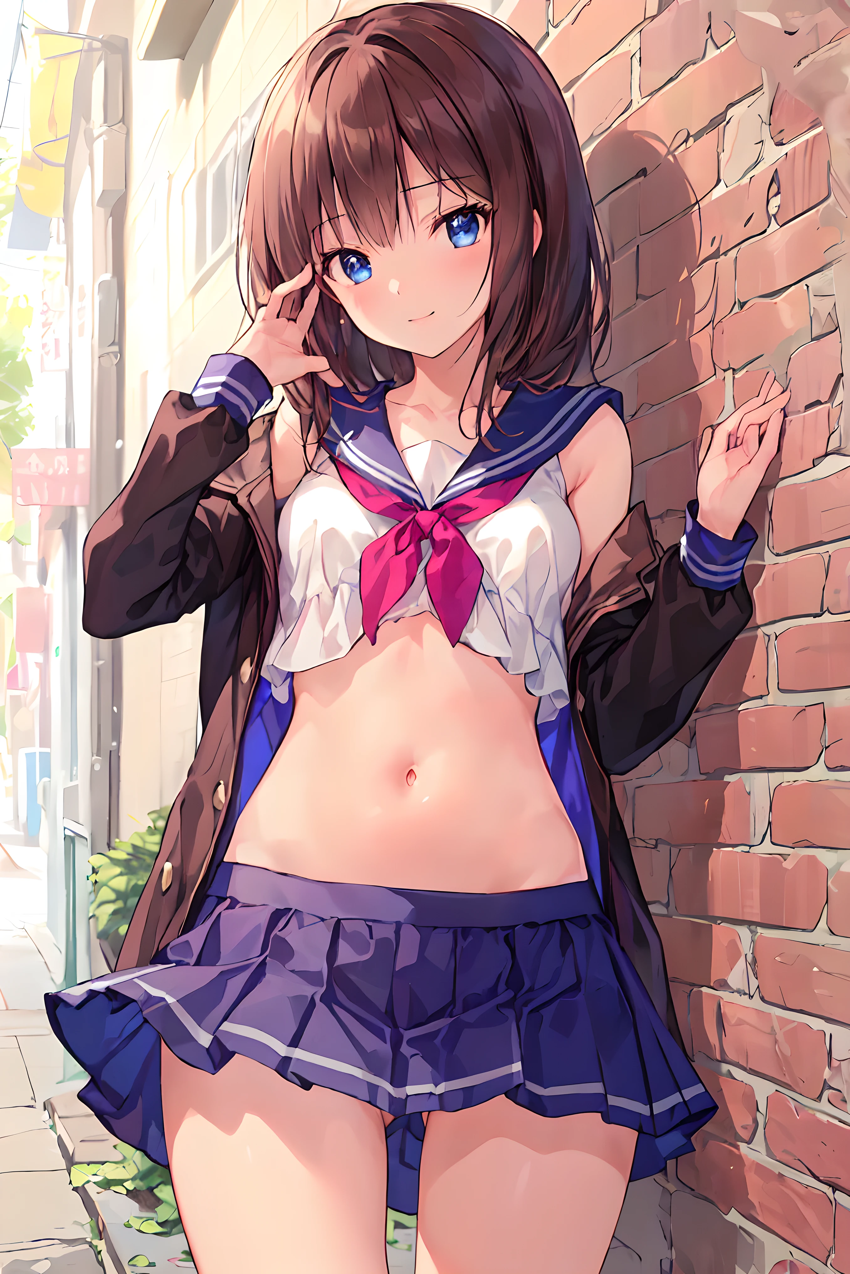 masterpiece, best quality, 非常に detailsなCG Unity 8K壁紙 , super realistic 8kCG, perfect artwork , Perfect Female Body, dramatic shadow , ( Spotlight, viewer , details light , ((( 1 girl on break day))), (( sharp face )), (( 茶色のhair, wavy hair with a graceful expression)), ((( Sexy Poses to Hold Your Hips))), model body type , belly button lying on the bed holding a white pillow, Watch small-breasted viewers , (( cute face)), ( smile gently: 1.2), ( Asymmetrical bangs grab the chest , Beautiful eyelashes ), Beautiful appearance, (beautiful bust line:1.2), (chest), beautiful girl, beautiful facial features representing a perfect face, cold, Natural Beauty , slender body, expression of beautiful, glowing thighs , high school girl, high school uniform , Please show me my sailor suit, pleated skirt , loose socks, watch viewers with , night , ((( lean against the wall, standing))), Award-winning photo hugging from behind , details, Realistic Light and Shadow , 8k resolution, Professional Lighting , ( around shiny skin:0.9), perfect hand in h, hair, SHORTCUTS WITH BANG, 乱れたhair,短い編み込みのhair, Neat , slender and beautiful woman with C cup breasts, correct posture,small breasts, beautiful legs, have enchanting gray-blue eyes that shine like stars, dull eyes , bright colors, beautiful eyes on my stomach,A delicate smile,textured skin, best quality , gentle and beautiful woman , Anime Style、