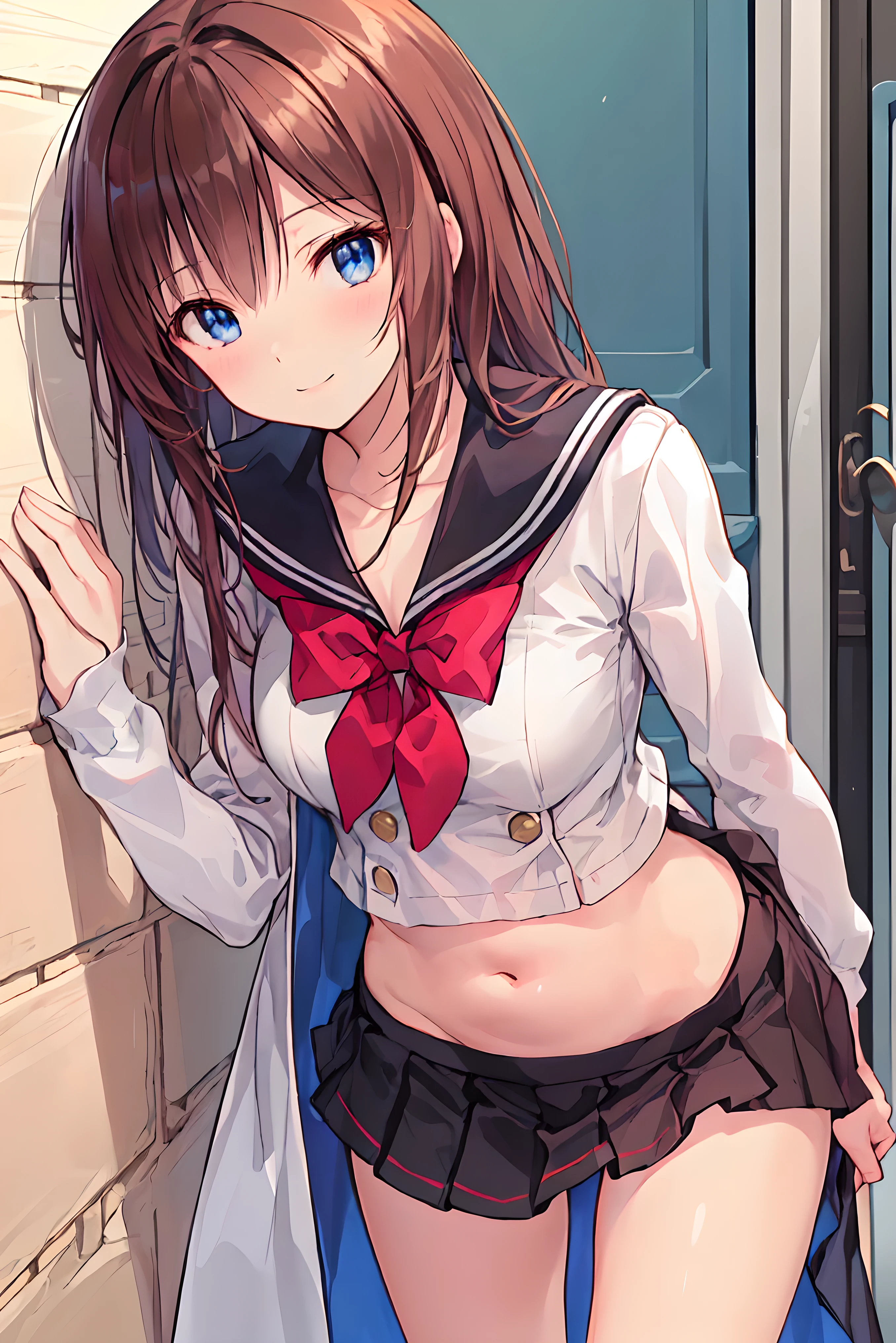 masterpiece, best quality, 非常に detailsなCG Unity 8K壁紙 , super realistic 8kCG, perfect artwork , Perfect Female Body, dramatic shadow , ( Spotlight, viewer , details light , ((( 1 girl on break day))), (( sharp face )), (( 茶色のhair, wavy hair with a graceful expression)), ((( Sexy Poses to Hold Your Hips))), model body type , belly button lying on the bed holding a white pillow, Watch small-breasted viewers , (( cute face)), ( smile gently: 1.2), ( Asymmetrical bangs grab the chest , Beautiful eyelashes ), Beautiful appearance, (beautiful bust line:1.2), (chest), beautiful girl, beautiful facial features representing a perfect face, cold, Natural Beauty , slender body, expression of beautiful, glowing thighs , high school girl, high school uniform , Please show me my sailor suit, pleated skirt , loose socks, watch viewers with , night , ((( lean against the wall, standing))), Award-winning photo hugging from behind , details, Realistic Light and Shadow , 8k resolution, Professional Lighting , ( around shiny skin:0.9), perfect hand in h, hair, SHORTCUTS WITH BANG, 乱れたhair,短い編み込みのhair, Neat , slender and beautiful woman with C cup breasts, correct posture,small breasts, beautiful legs, have enchanting gray-blue eyes that shine like stars, dull eyes , bright colors, beautiful eyes on my stomach,A delicate smile,textured skin, best quality , gentle and beautiful woman , Anime Style、