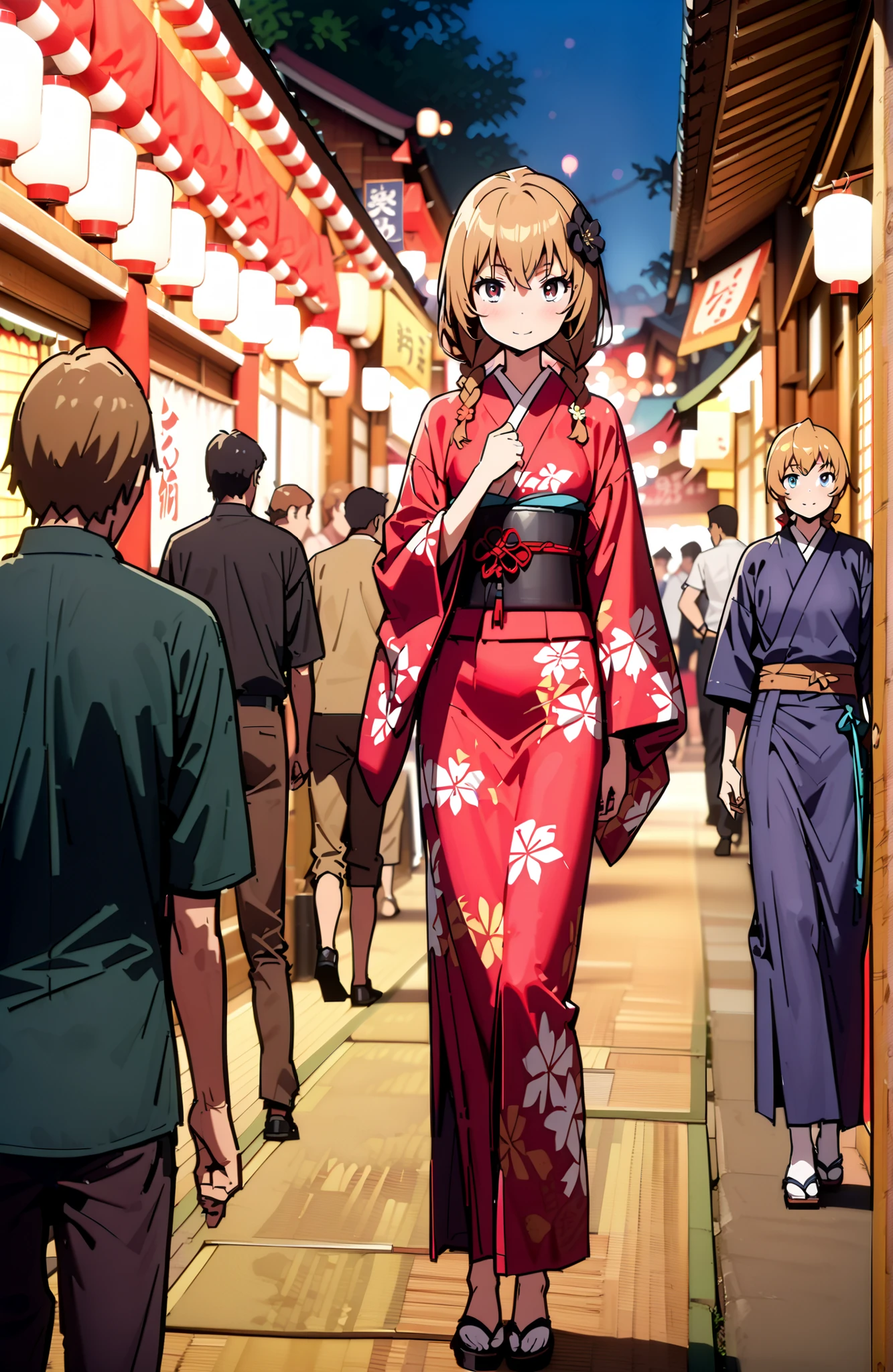 Aisaka Taiga, brown hair, brown eyes in the bedroom,side lock,Short braids,flower hair ornament with ears,Black flower pattern kimono,smile,blush,mouth,standing,Light up fireworks,Red Lantern,Japanese stalls ,night,crowd,Beautiful Scenery,full bodyがイラストに入るように,in their 40s outdoors, Japanese Festival,
in their 40s looking at viewer,full body,
in their 40s (masterpiece:1.2),best quality ,Kampala,unity 8k 壁紙,(shape:0.8),( fine, beautiful eyes :1.6),It's a person ,full body写真,CG Details , (perfect hand in h,Complete Anatomy),