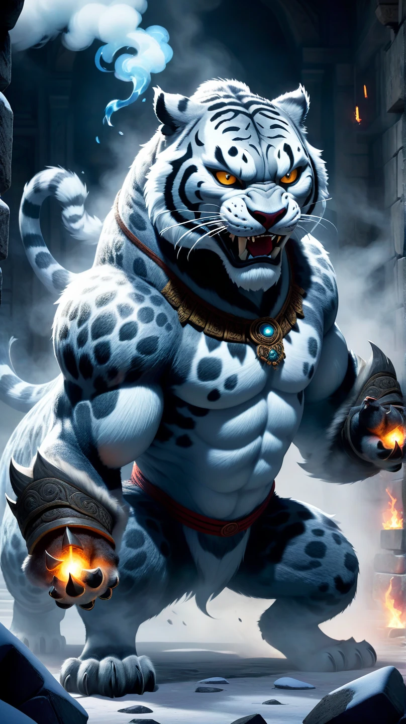 ((best quality)), ((masterpiece)), (ultra detailed), perfect face,(sharp eyes),sharp focus, (by null-ghost,by traver009,by lindong,by pino daeni),  (male anthro black panther):1.9, ((black fur)), ((black belly)), sharp eye,ultra-detailed eyes, Beautiful and delicate eyes, exquisite eyes,(orange):0.1 eyes, ((fluffy fur, fluffy, furry body)),((long white loincloth), with yellow pattern):0.8, muscular male , (wearing random pattern necklace), smile, (bulge), reflection, sexy body, middle-age, strong, (huge body, abs, strong muscle, 8 pack), shirtless, tougue out, claw, pink nipples, handsome, ((leopard fur pattern)), majestic, barbarous, Delicate canine teeth, anime, hairy, male, by the waterfall , full body, ((sweating:1.7)), anime
