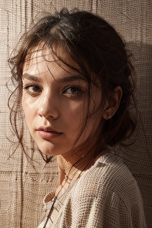 girl with very fluffy curly hair type afro below the shoulders, test brunette dark brown eyes , full lips medium eyebrows