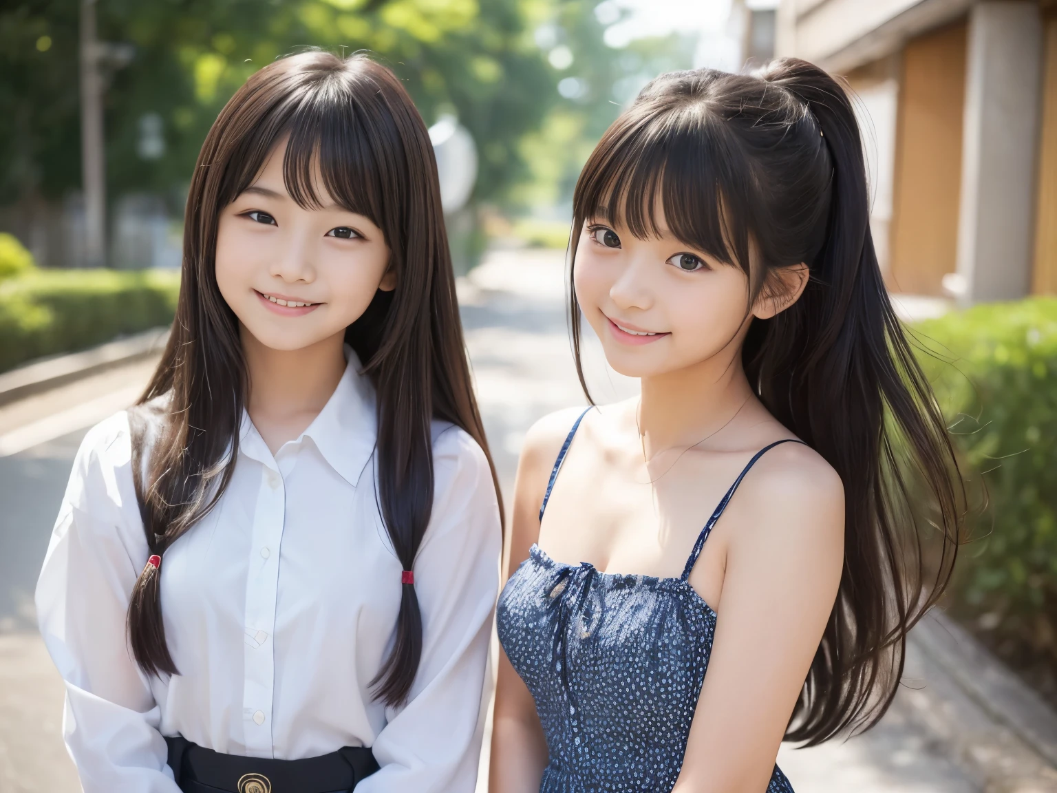 (Natural strawberry blonde and redhead girls with pretty faces), Cute pose, Happy wearing a white button shirt, body, skinny, Atmospheric, Dark atmosphere, Edge lighting, Mao Akiyama、Sayaka Yamamoto、Jurina Matsui、Saito Asuka、Mao Akiyamaの顔の特徴8K, Full body portrait, elegant, Natural light, Spooky greenhouse at night, Sharp focus, (Highly detailed eyes and face, Professional photography techniques), (Beautiful small face, beautiful girl, high school student, Idol Face, Baby Face:1.4), smile, Happy, K UHD, Hmph, Beautiful and soft skin, Vibrant Skin, blush, (Chirarizum:1.3, Unbutton a white shirt:1.2), Beautiful breasts, Cleavage, (Small beautiful butt), (Detailed hands:1.2, The optimal ratio is four fingers to one thumb), Perfect proportions, (Perfect Anatomy:1.3), (Highest quality, Masterpiece, Highest quality, Ultra high definition, Photorealism:1.4)