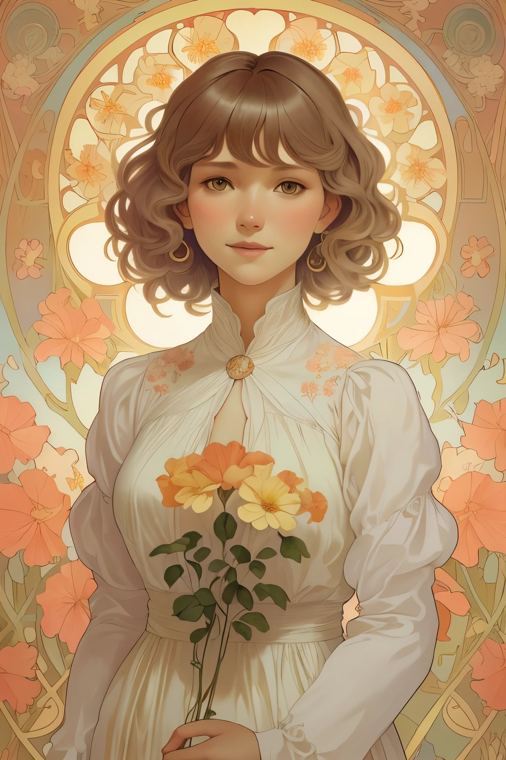 378(20 year old women),(short hair),(gentle smile),(high quality photos),(Alphonse Mucha),(colorful floral dress),(A room with a large painting),((contrast between light and shade))
