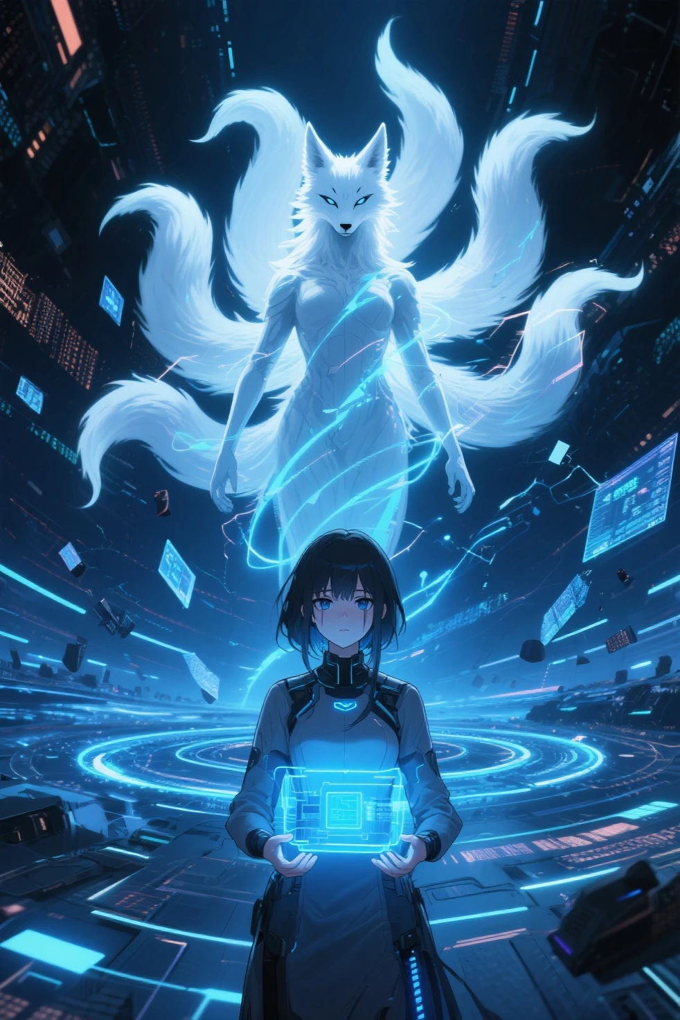 A breathtaking digital battlefield at the heart of a cybernetic realm where glowing streams of data spiral infinitely into the void, In the foreground a determined protagonist Aoi stands poised with a futuristic interface glowing in her hands her figure illuminated by the cold blue light of her program, Opposite her looms the majestic yet menacing figure of a humanoid nine-tailed white fox, The fox radiates an otherworldly glow her tails forming ethereal arcs of light and glitching static as if breaking the boundaries of the digital world, Her expression is a mix of sorrow and defiance her luminous eyes reflecting the ache of her existence, The environment around them twists and warps under the fox’s power with fragments of floating code and fractured holograms emphasizing the intensity of the moment, The composition captures the tension between beauty and destruction determination and despair as these two figures confront each other in the vast shimmering void of the cyberealm