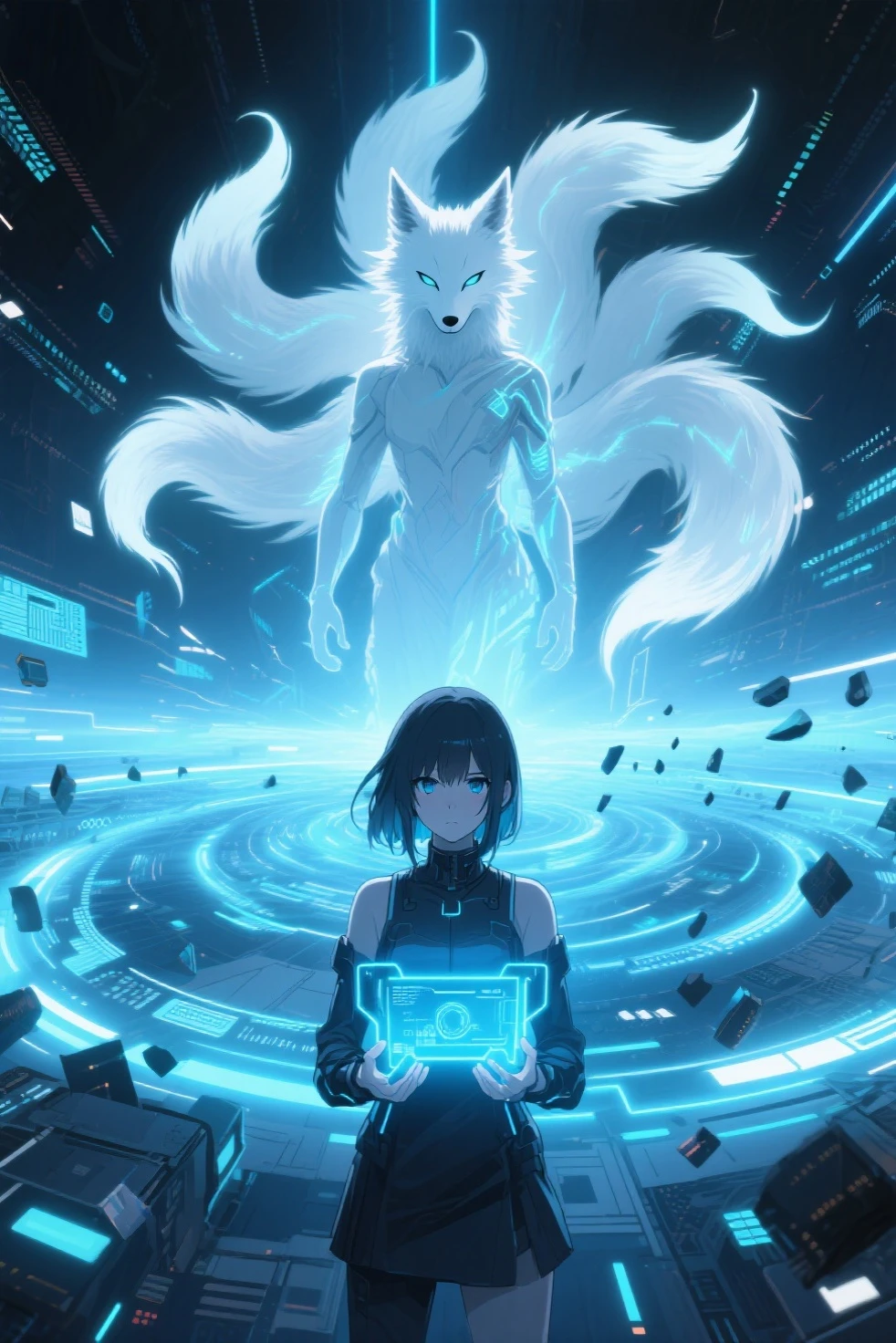A breathtaking digital battlefield at the heart of a cybernetic realm where glowing streams of data spiral infinitely into the void, In the foreground a determined protagonist Aoi stands poised with a futuristic interface glowing in her hands her figure illuminated by the cold blue light of her program, Opposite her looms the majestic yet menacing figure of a humanoid nine-tailed white fox, The fox radiates an otherworldly glow her tails forming ethereal arcs of light and glitching static as if breaking the boundaries of the digital world, Her expression is a mix of sorrow and defiance her luminous eyes reflecting the ache of her existence, The environment around them twists and warps under the fox’s power with fragments of floating code and fractured holograms emphasizing the intensity of the moment, The composition captures the tension between beauty and destruction determination and despair as these two figures confront each other in the vast shimmering void of the cyberealm
