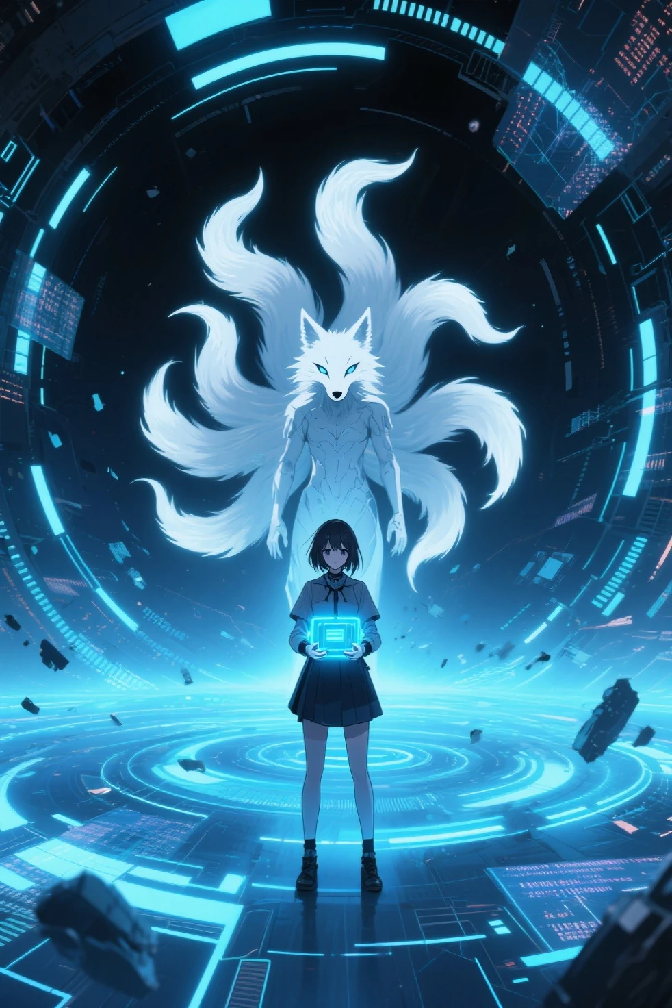 A breathtaking digital battlefield at the heart of a cybernetic realm where glowing streams of data spiral infinitely into the void, In the foreground a determined protagonist Aoi stands poised with a futuristic interface glowing in her hands her figure illuminated by the cold blue light of her program, Opposite her looms the majestic yet menacing figure of a humanoid nine-tailed white fox, The fox radiates an otherworldly glow her tails forming ethereal arcs of light and glitching static as if breaking the boundaries of the digital world, Her expression is a mix of sorrow and defiance her luminous eyes reflecting the ache of her existence, The environment around them twists and warps under the fox’s power with fragments of floating code and fractured holograms emphasizing the intensity of the moment, The composition captures the tension between beauty and destruction determination and despair as these two figures confront each other in the vast shimmering void of the cyberealm