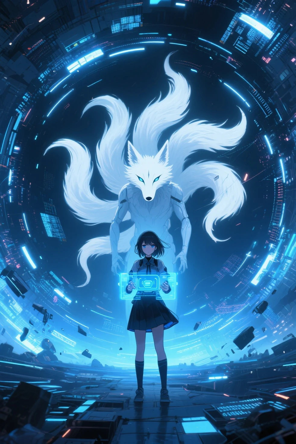 A breathtaking digital battlefield at the heart of a cybernetic realm where glowing streams of data spiral infinitely into the void, In the foreground a determined protagonist Aoi stands poised with a futuristic interface glowing in her hands her figure illuminated by the cold blue light of her program, Opposite her looms the majestic yet menacing figure of a humanoid nine-tailed white fox, The fox radiates an otherworldly glow her tails forming ethereal arcs of light and glitching static as if breaking the boundaries of the digital world, Her expression is a mix of sorrow and defiance her luminous eyes reflecting the ache of her existence, The environment around them twists and warps under the fox’s power with fragments of floating code and fractured holograms emphasizing the intensity of the moment, The composition captures the tension between beauty and destruction determination and despair as these two figures confront each other in the vast shimmering void of the cyberealm