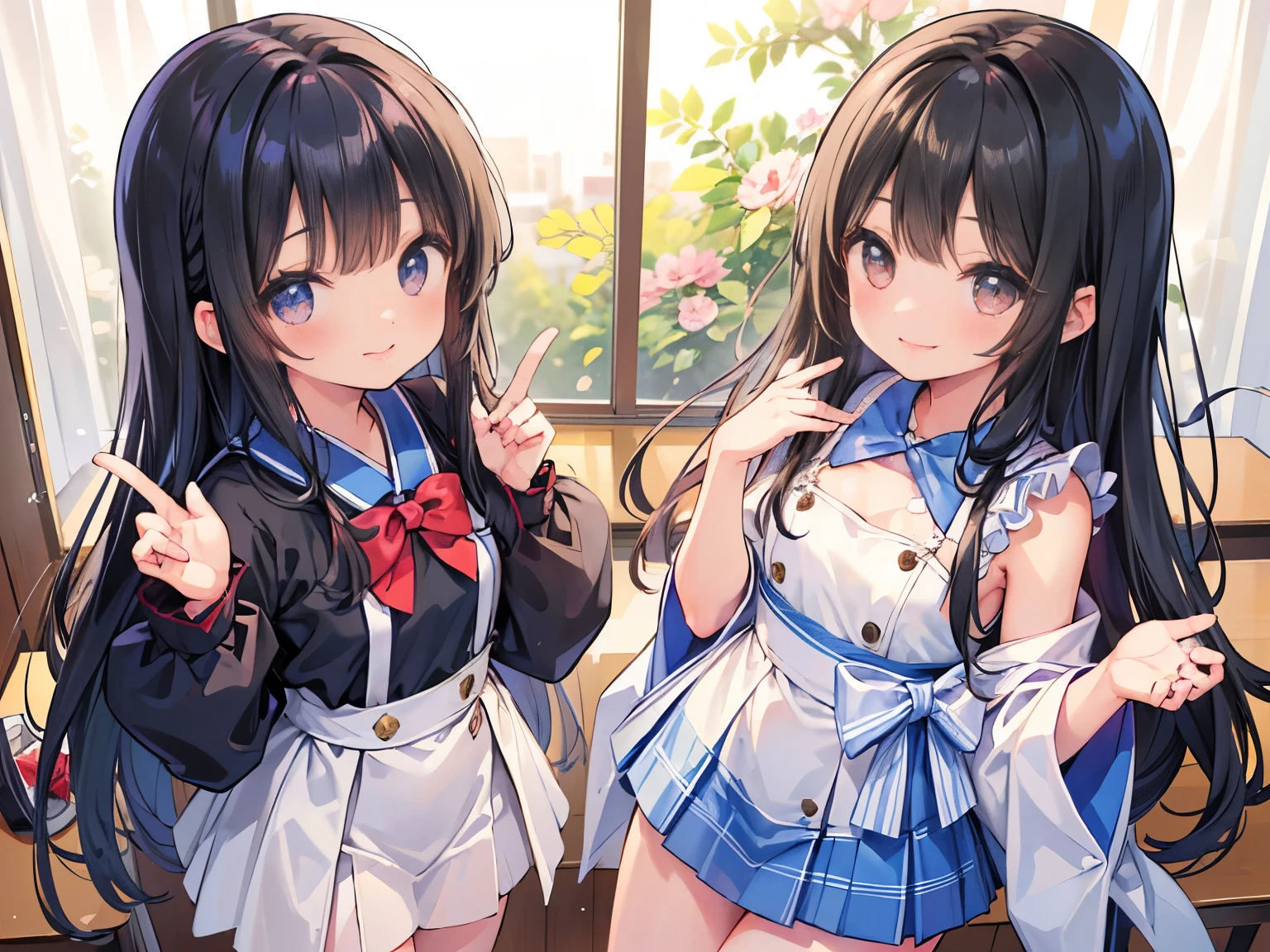 Top Quality, Masterpiece, Ultra High Definition, 8K, Summer Sky, Early Summer, (Flared Skirt, Poncho, Cape), Shojo Manga Style Loli, One, Soft Line Art, Digital Enhancement, Shojo Manga Touch, Shojo Manga Core, Flowing Fabric, Close Up, (Hair length to the shoulders and short braids)), Wet hair, Soft drawing, Beautiful black hair, Clear eyes, ((Teasing smile)), Ultra-detailed digital anime art, clear face depiction, ultra-detailed shoujo manga character art, clear facial features, ultra-detailed manga style, top quality colors, hand gestures, cityscape, looking up at the sky, angle to see up to your feet