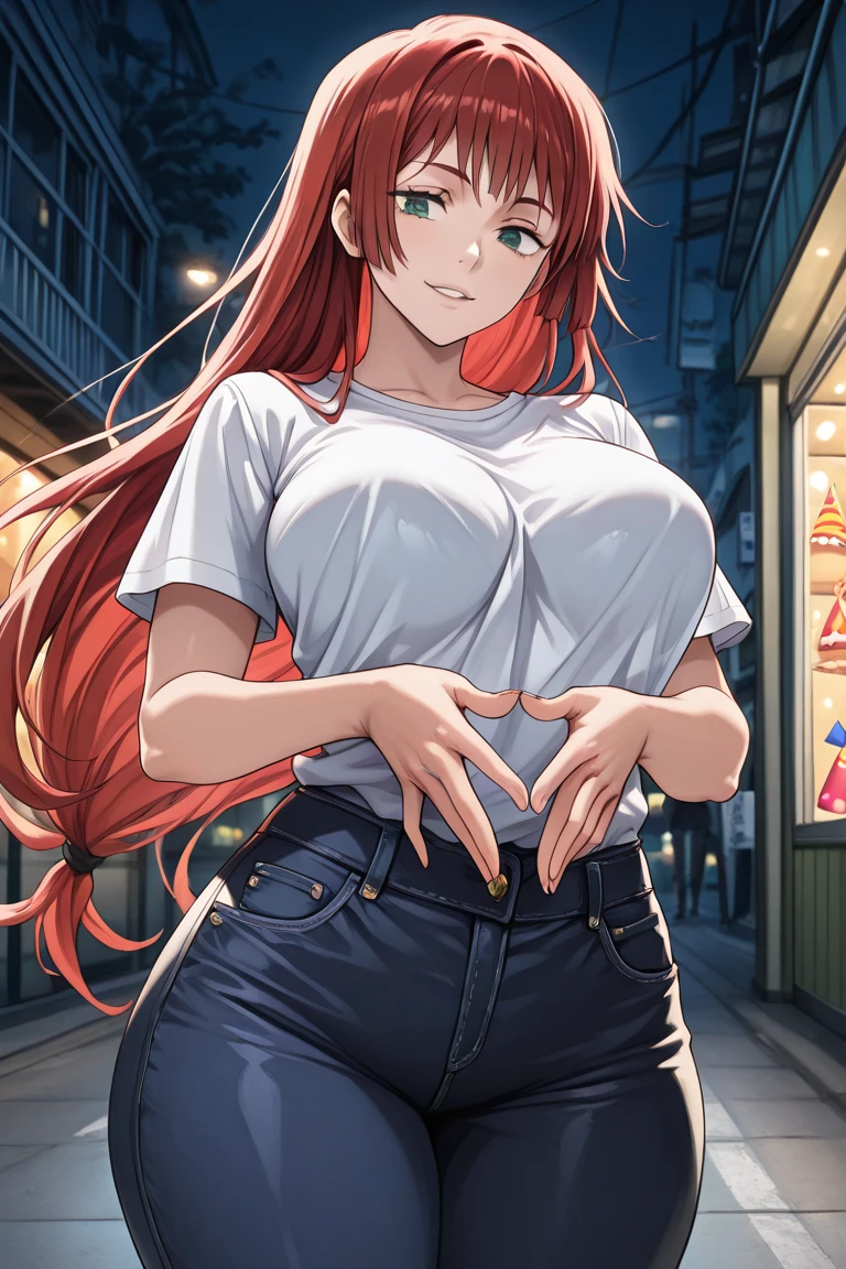1girl, on stable floor, background, farm girl, (freckles), blush, loose red hair, huge breasts, tomboy, ponytail, ((sweat)), view from side, detailed armpit, in a barn, evening shadows, hot breath, looking at viewer, grinning, dimmed lighting, standing, view from waist and up, armpit focus, sweaty, nude overalls, overalls, ((sweating)), sweat, big ass, wide hips, toned body, presenting armpit, one raised arm,
