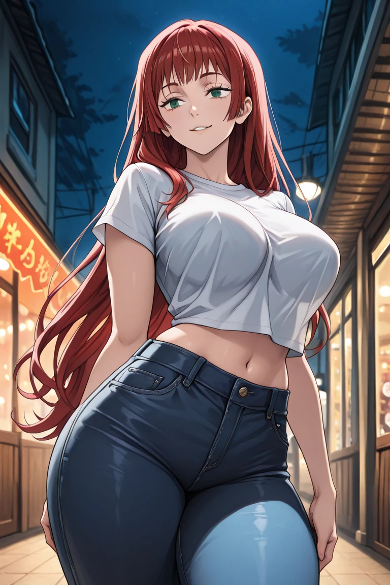 (masterpiece), best quality, expressive eyes, perfect face,1girl,fox girl, fox ears, fox tail,dark red hair,cleavage,big breasts,casual clothes,bracelet,smiles,orange eyes,city street,day, warm sunlight,soft shadows,one eye closed,standing,contrapposto,v over eye,hand on own hip,full body,bare feet
